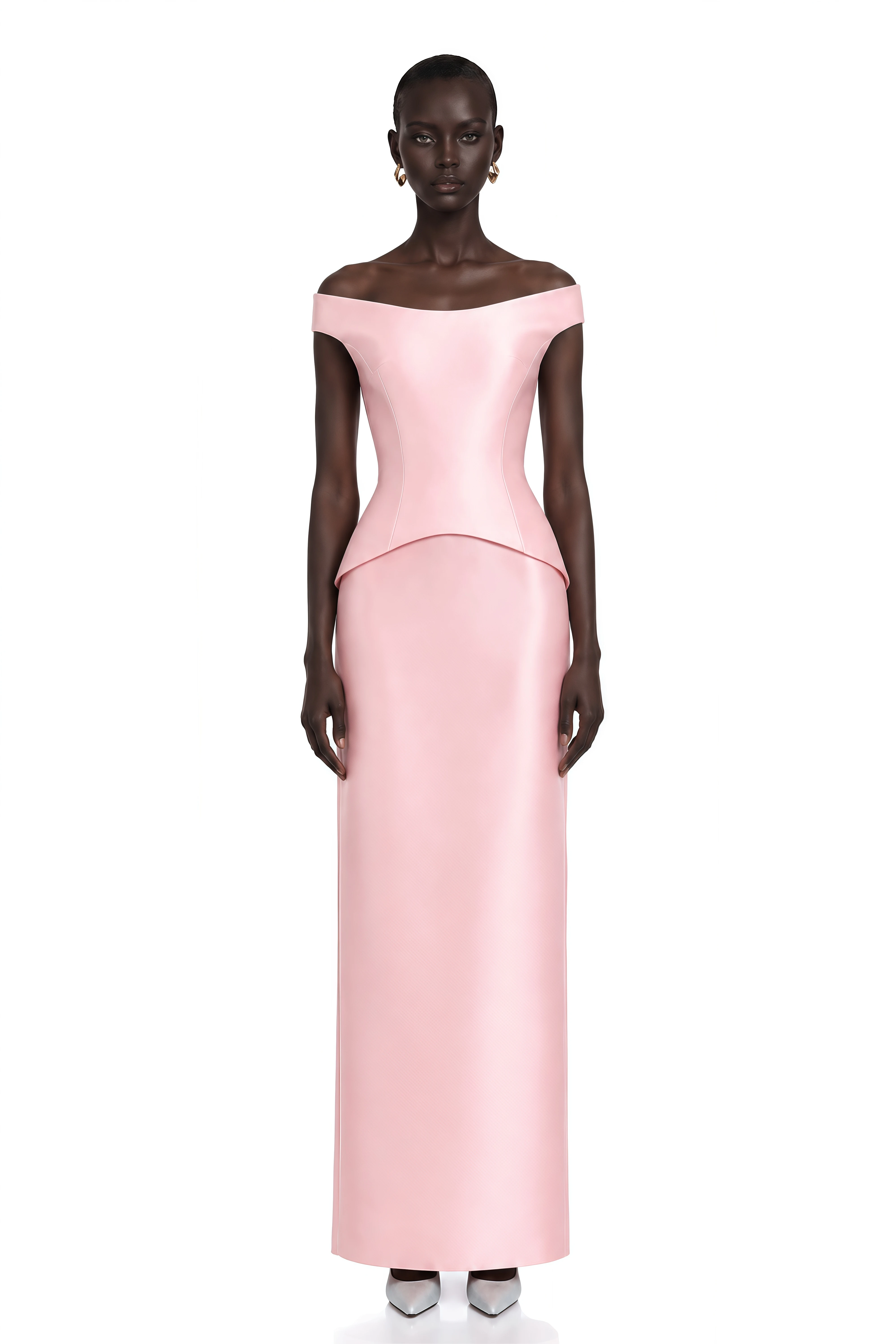 Aleyah Pink Off Shoulder Peplum Satin Top & Maxi Skirt Set