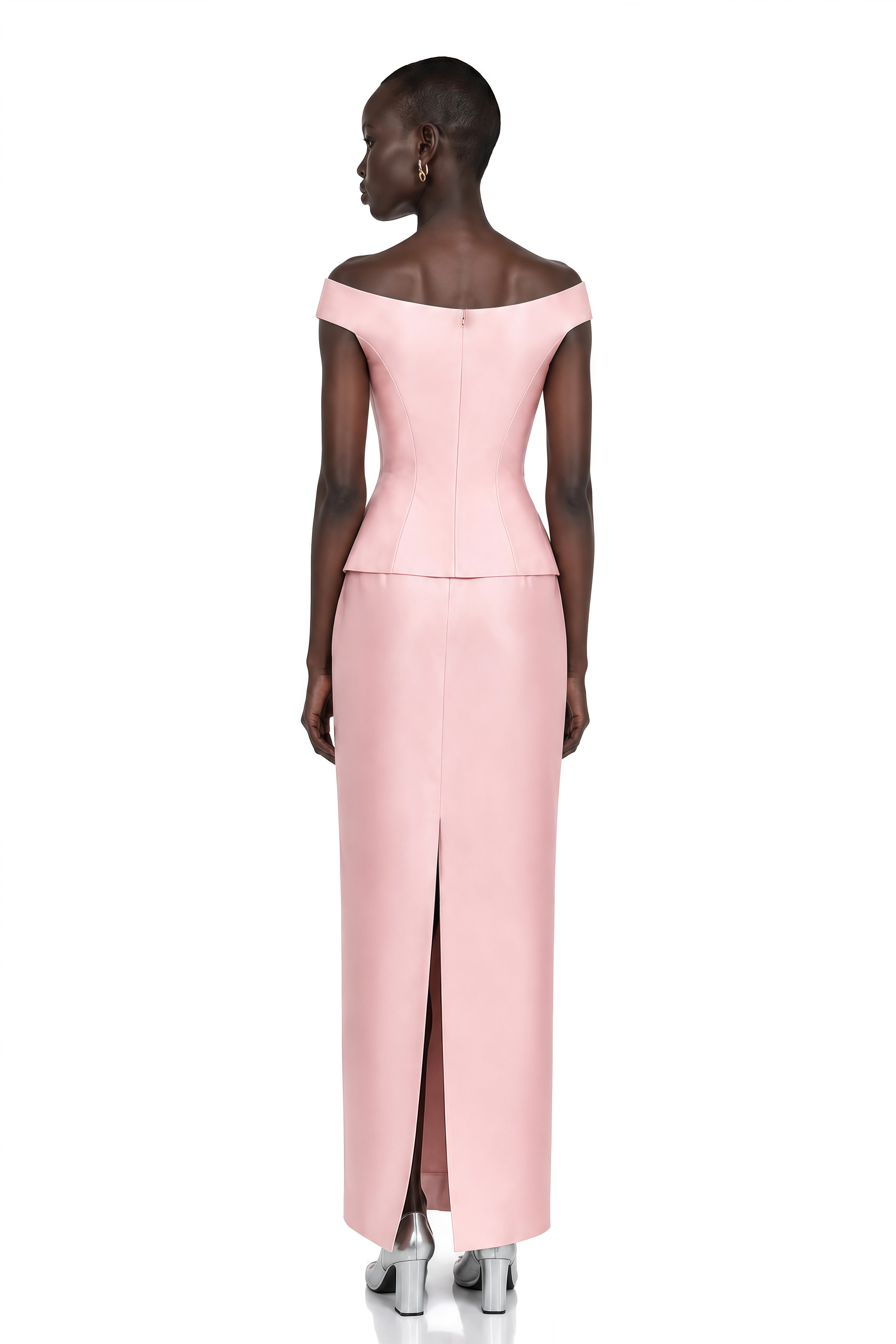 Aleyah Pink Off Shoulder Peplum Satin Top & Maxi Skirt Set