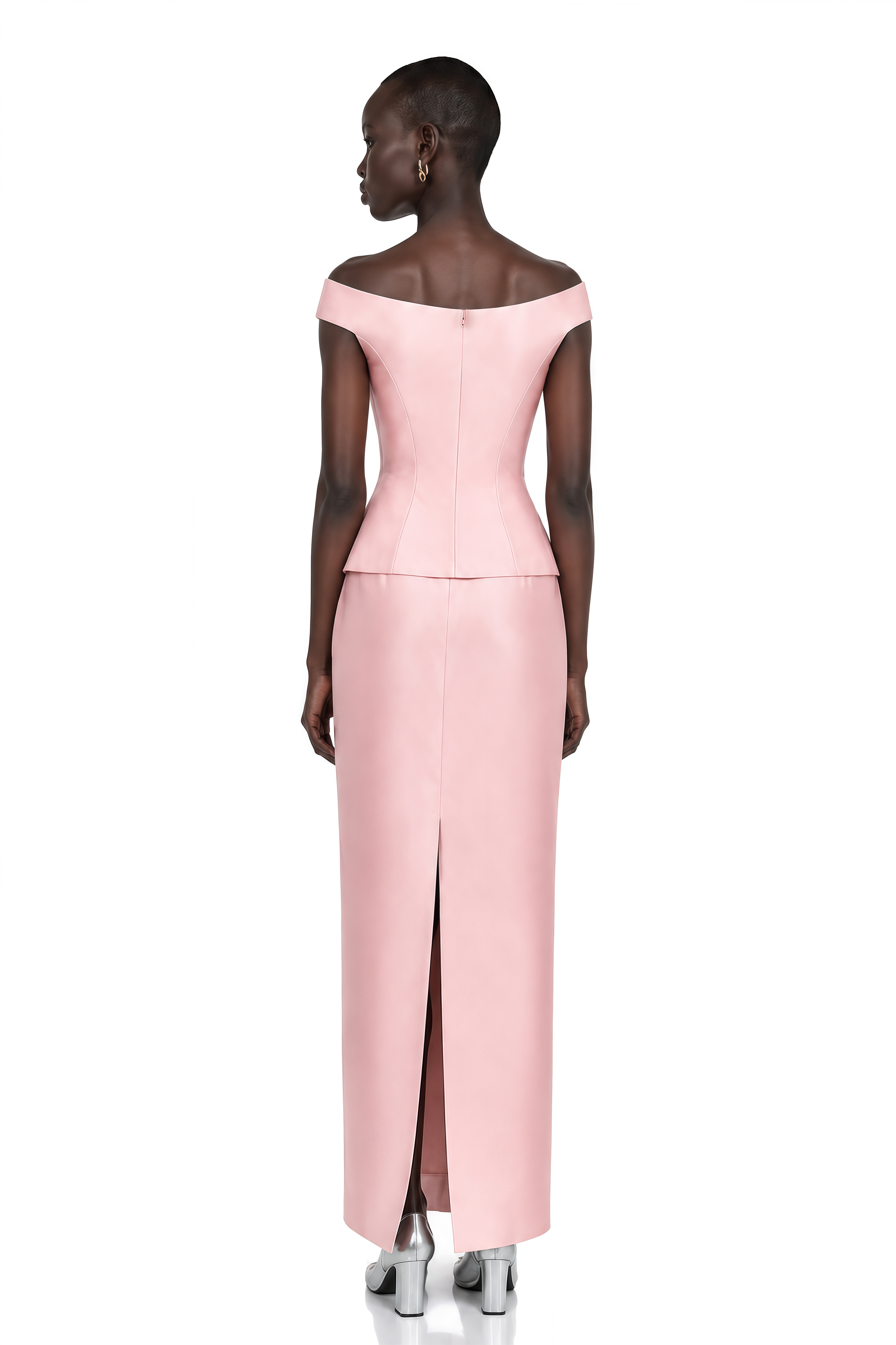 Aleyah Pink Off Shoulder Peplum Satin Top & Maxi Skirt Set