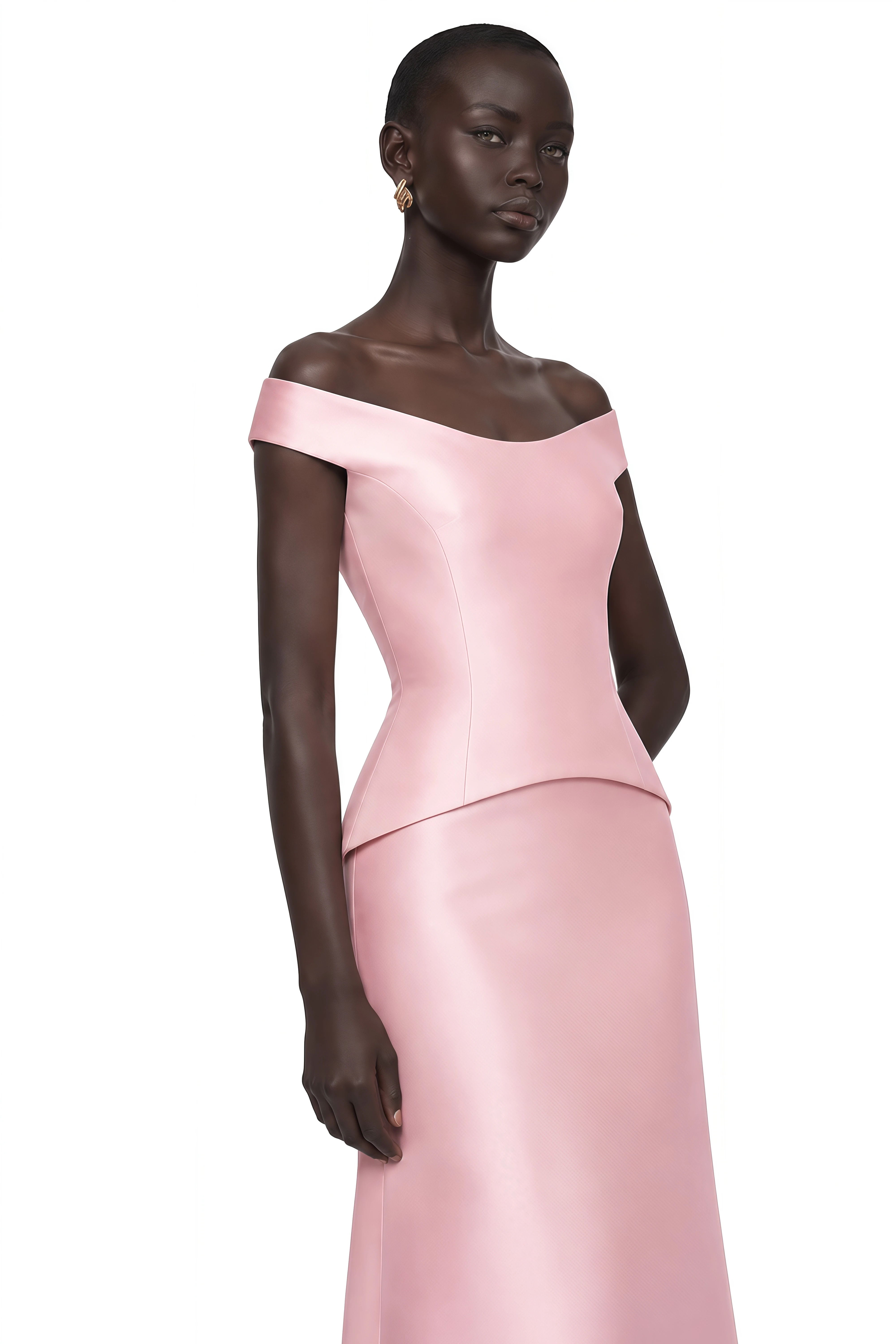 Aleyah Pink Off Shoulder Peplum Satin Top & Maxi Skirt Set