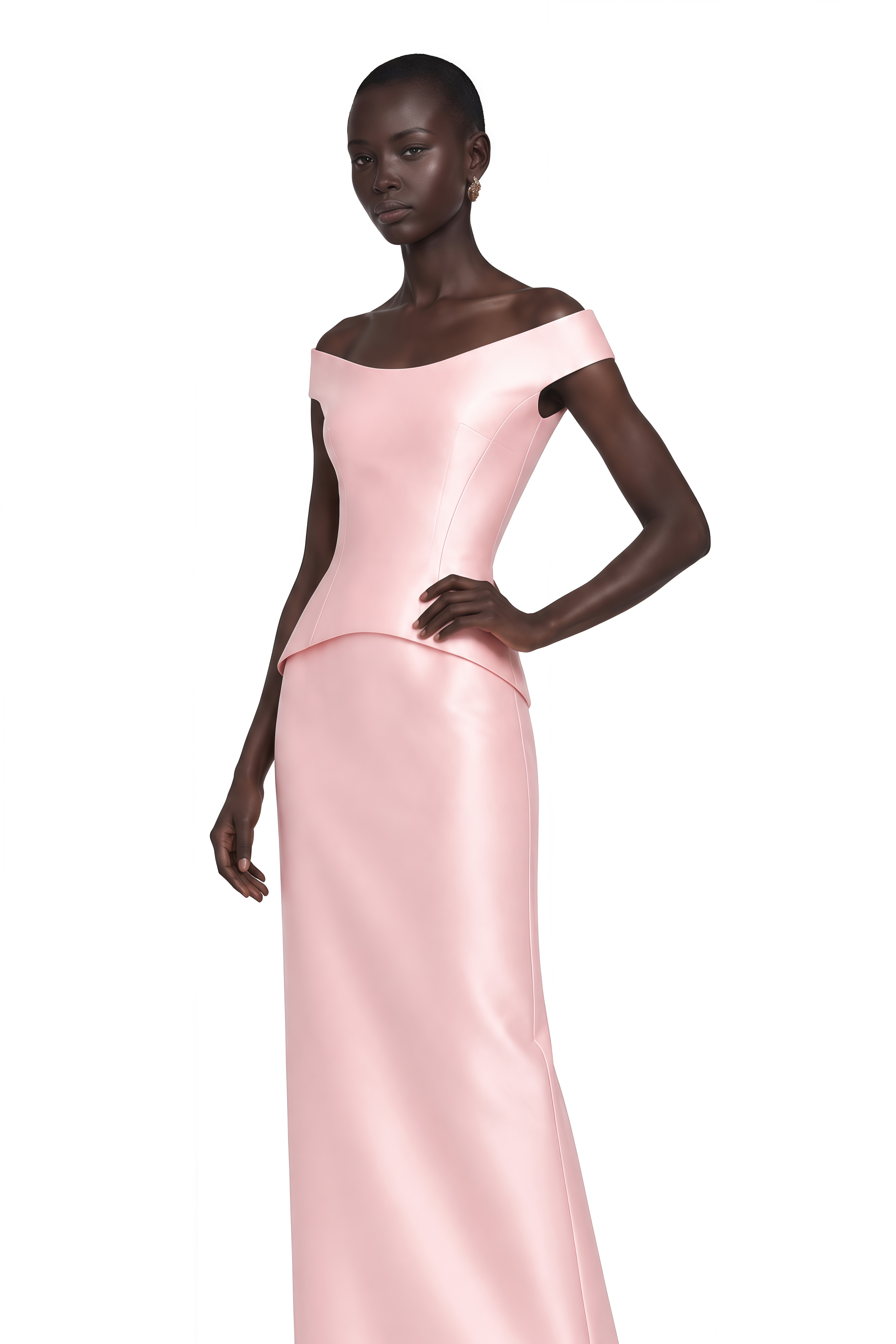 Aleyah Pink Off Shoulder Peplum Satin Top & Maxi Skirt Set