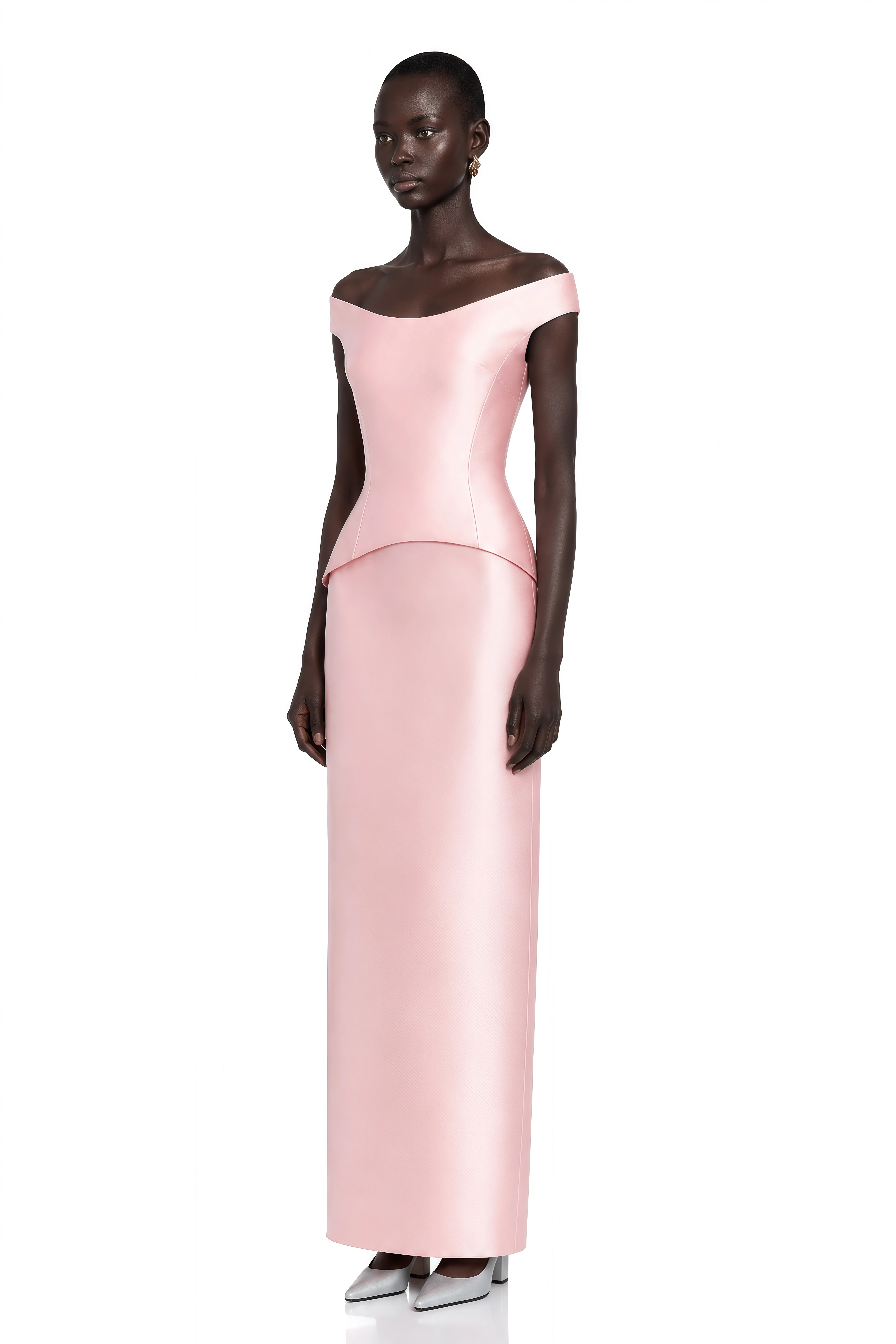 Aleyah Pink Off Shoulder Peplum Satin Top & Maxi Skirt Set