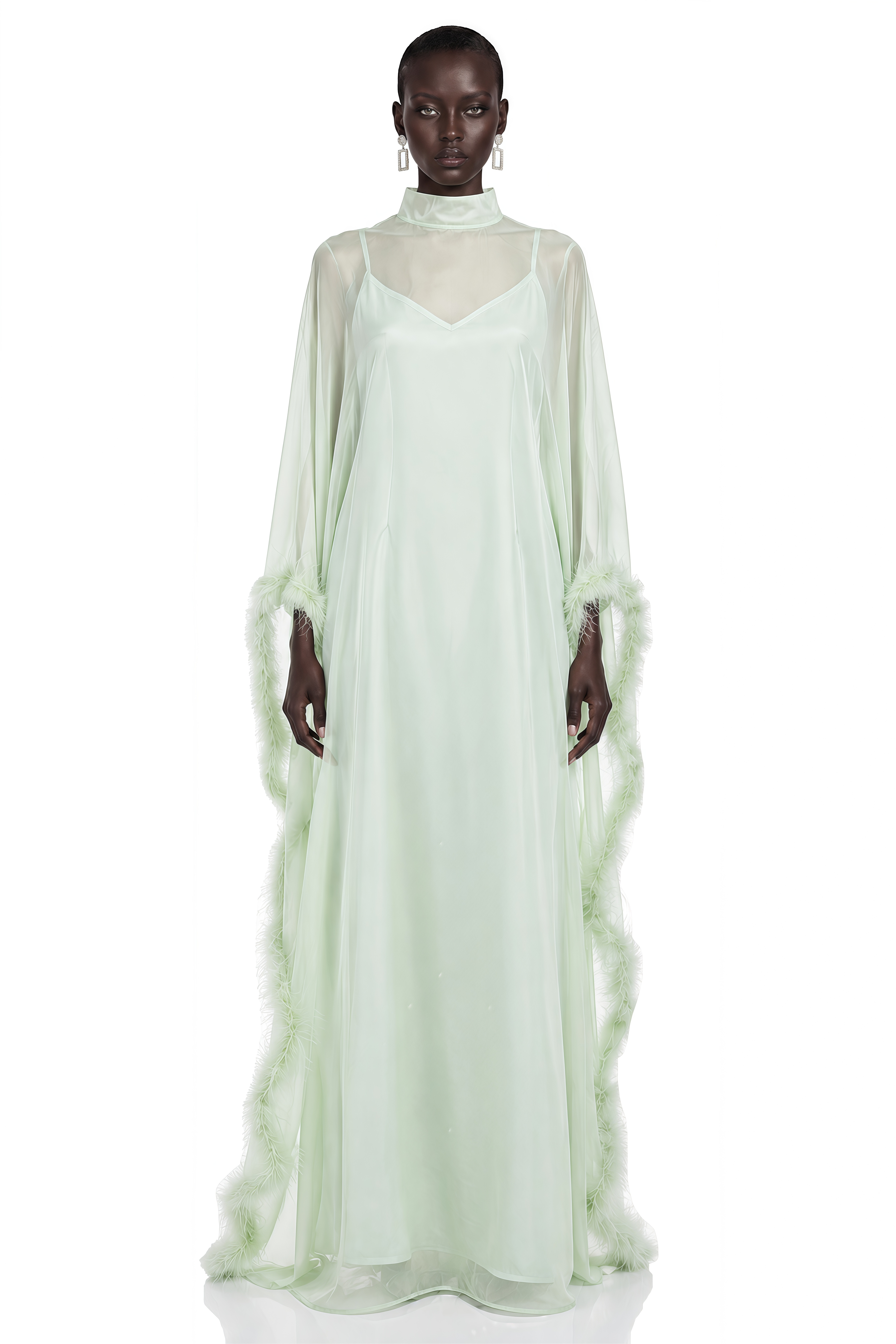 Alina Green Maxi Dress With Feather Cape