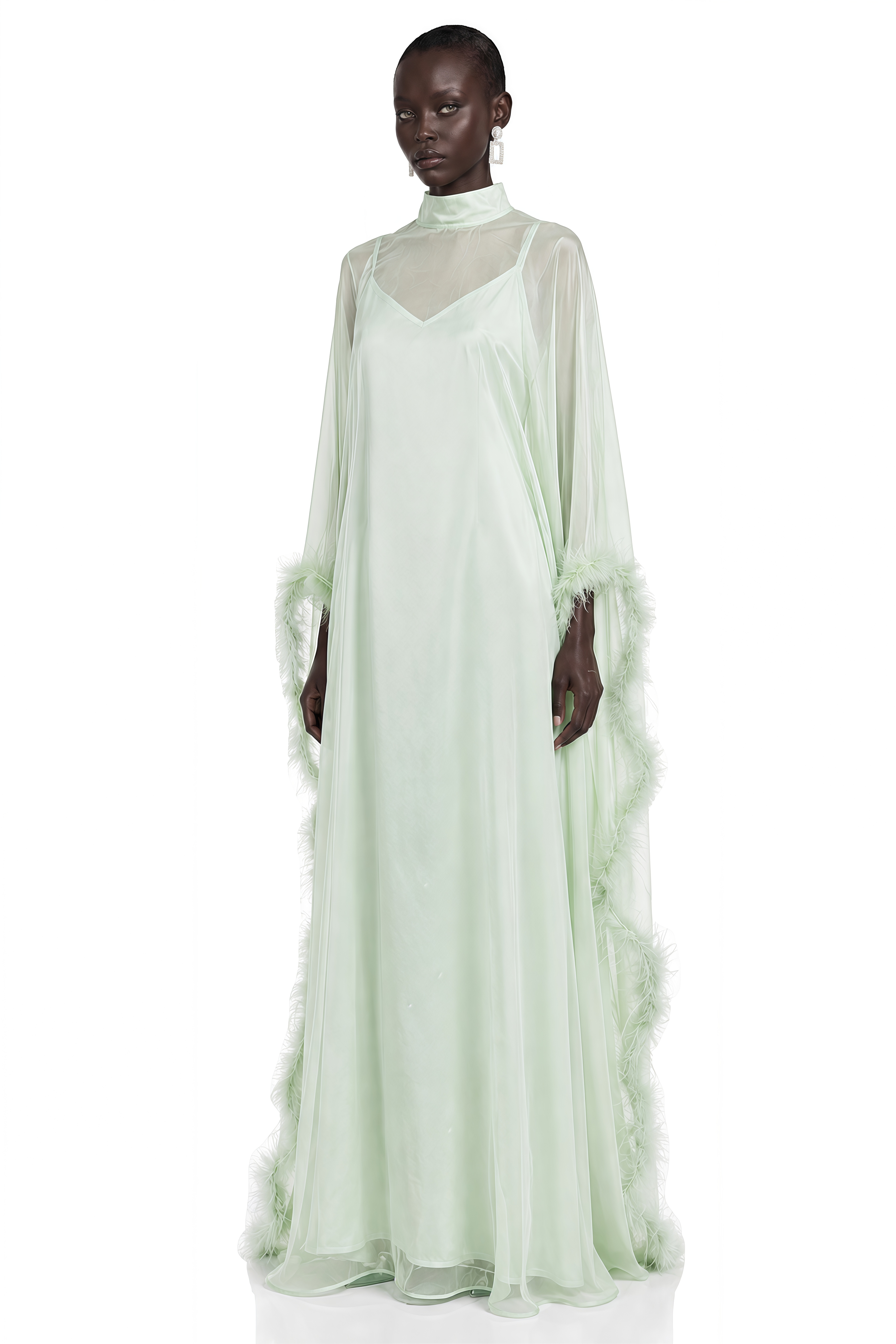 Alina Green Maxi Dress With Feather Cape