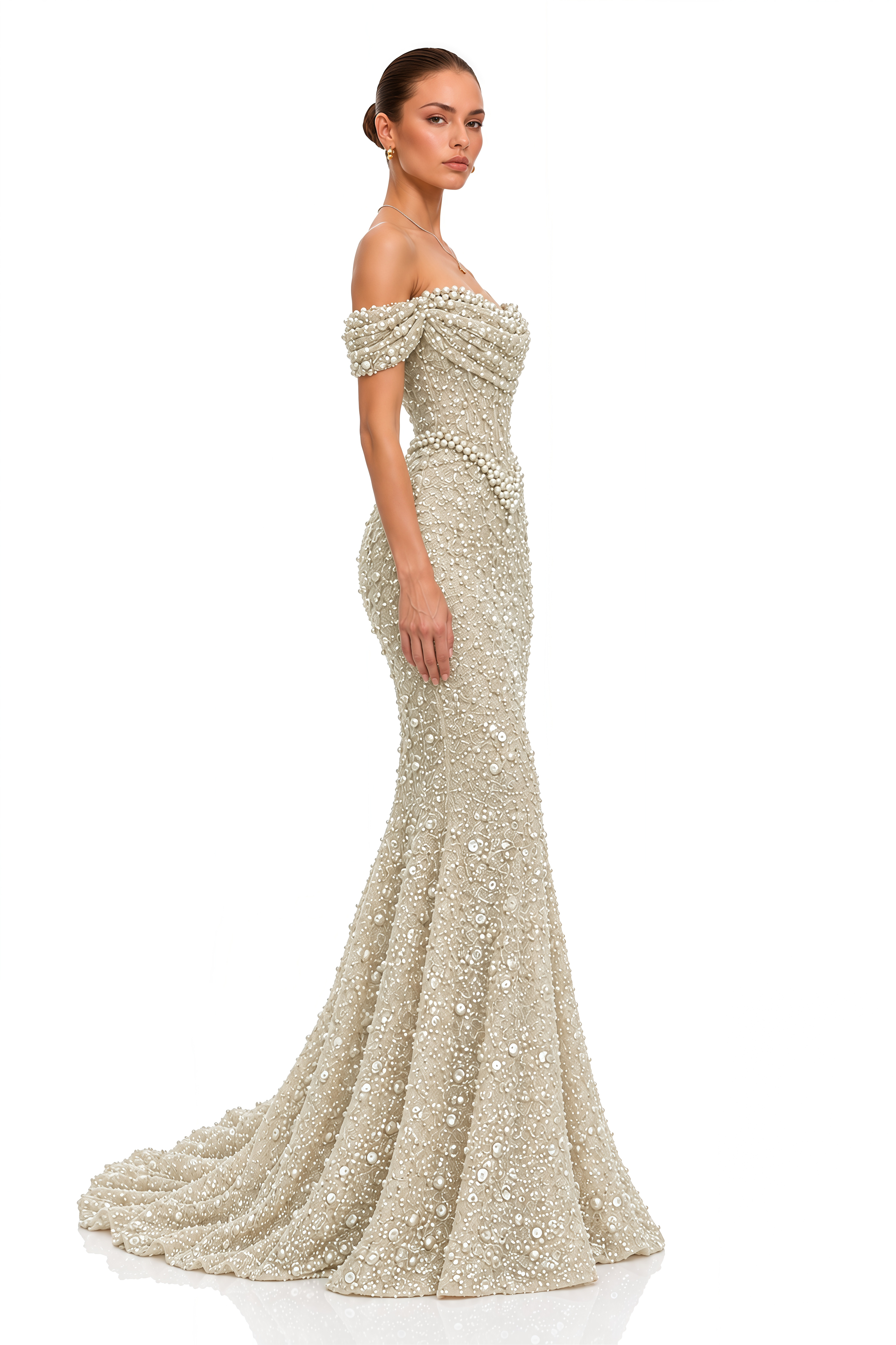 Alison Champagne Pearl Embellished Mermaid Maxi Gown