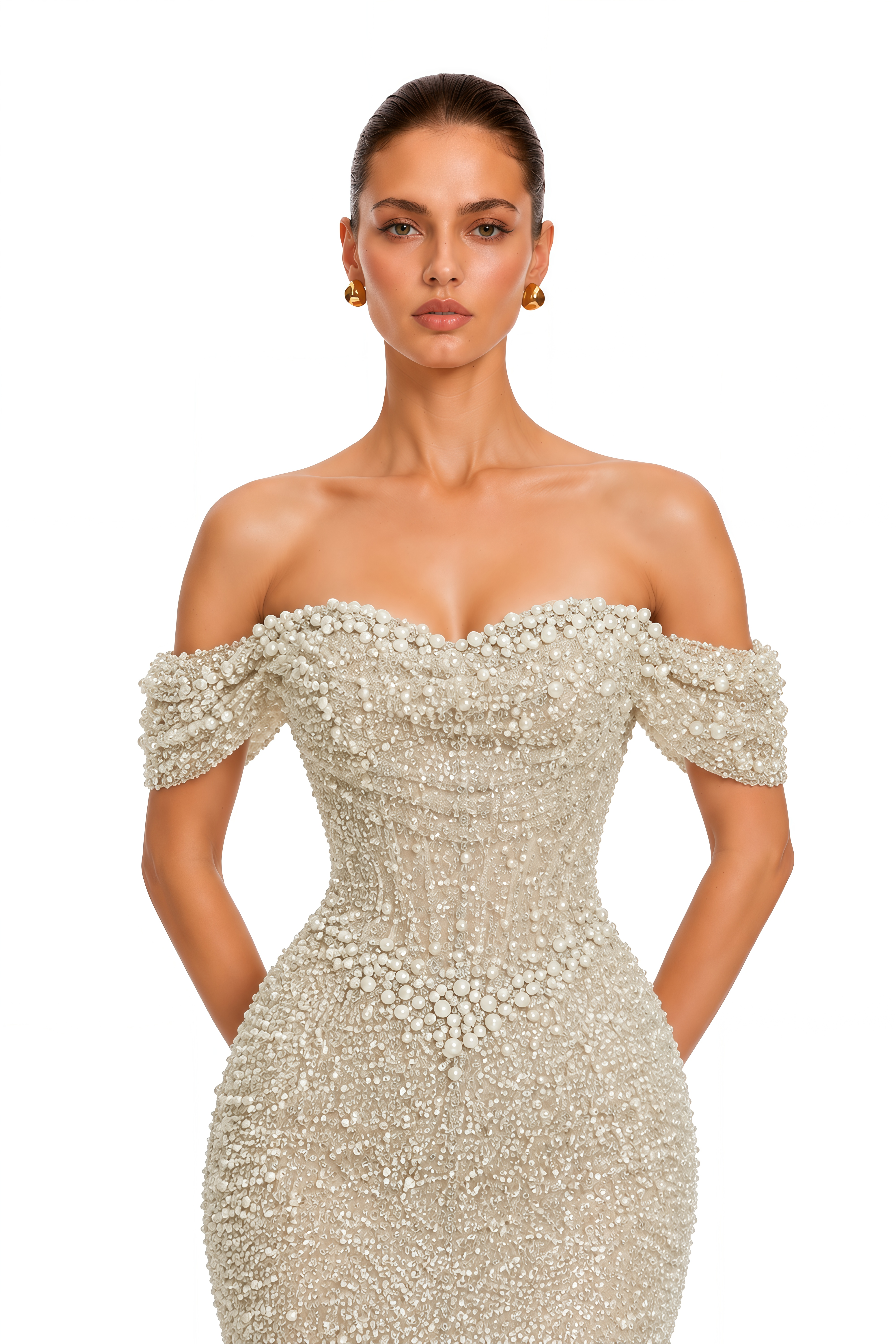 Alison Champagne Pearl Embellished Mermaid Maxi Gown