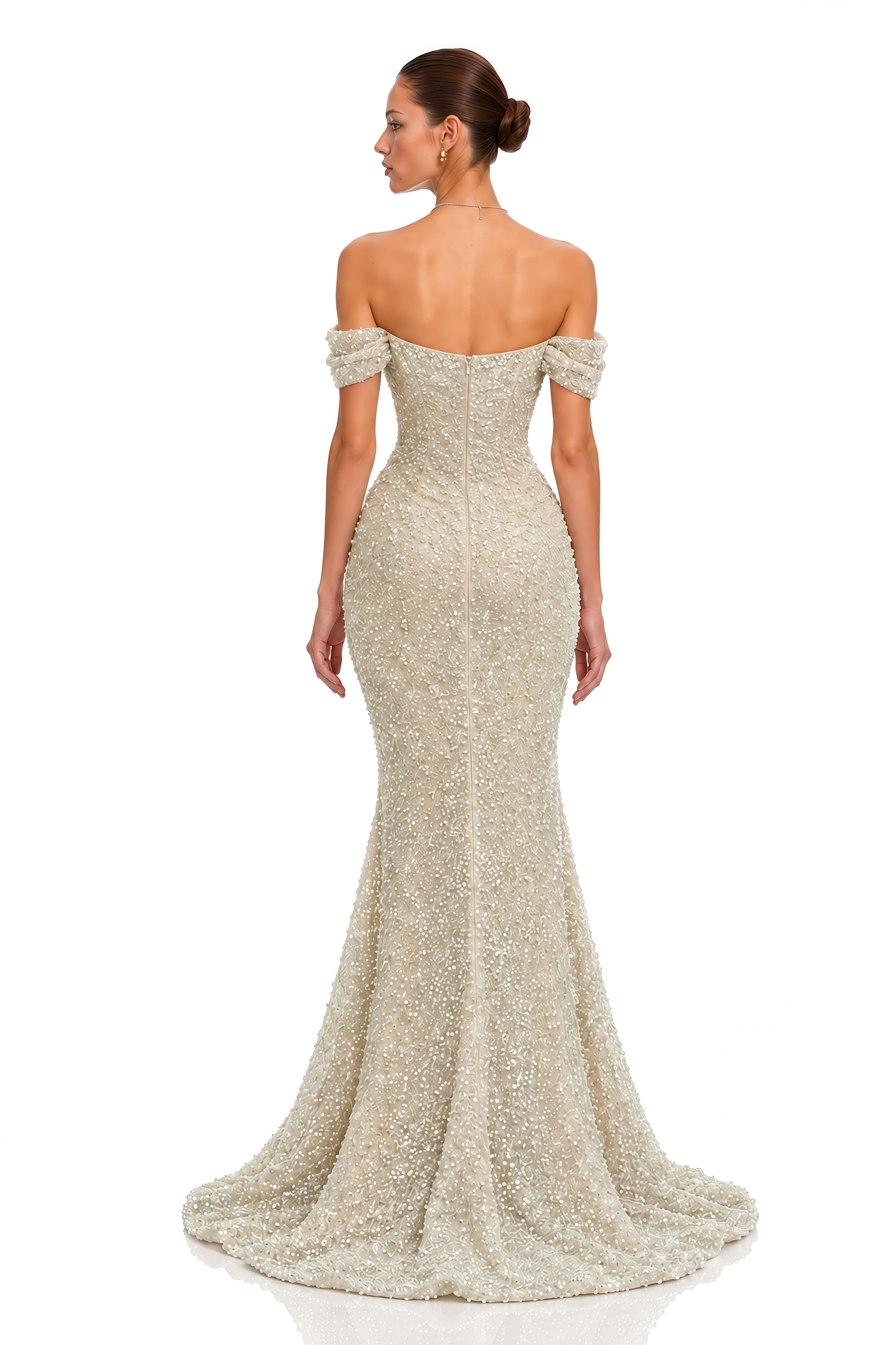 Alison Champagne Pearl Embellished Mermaid Maxi Gown