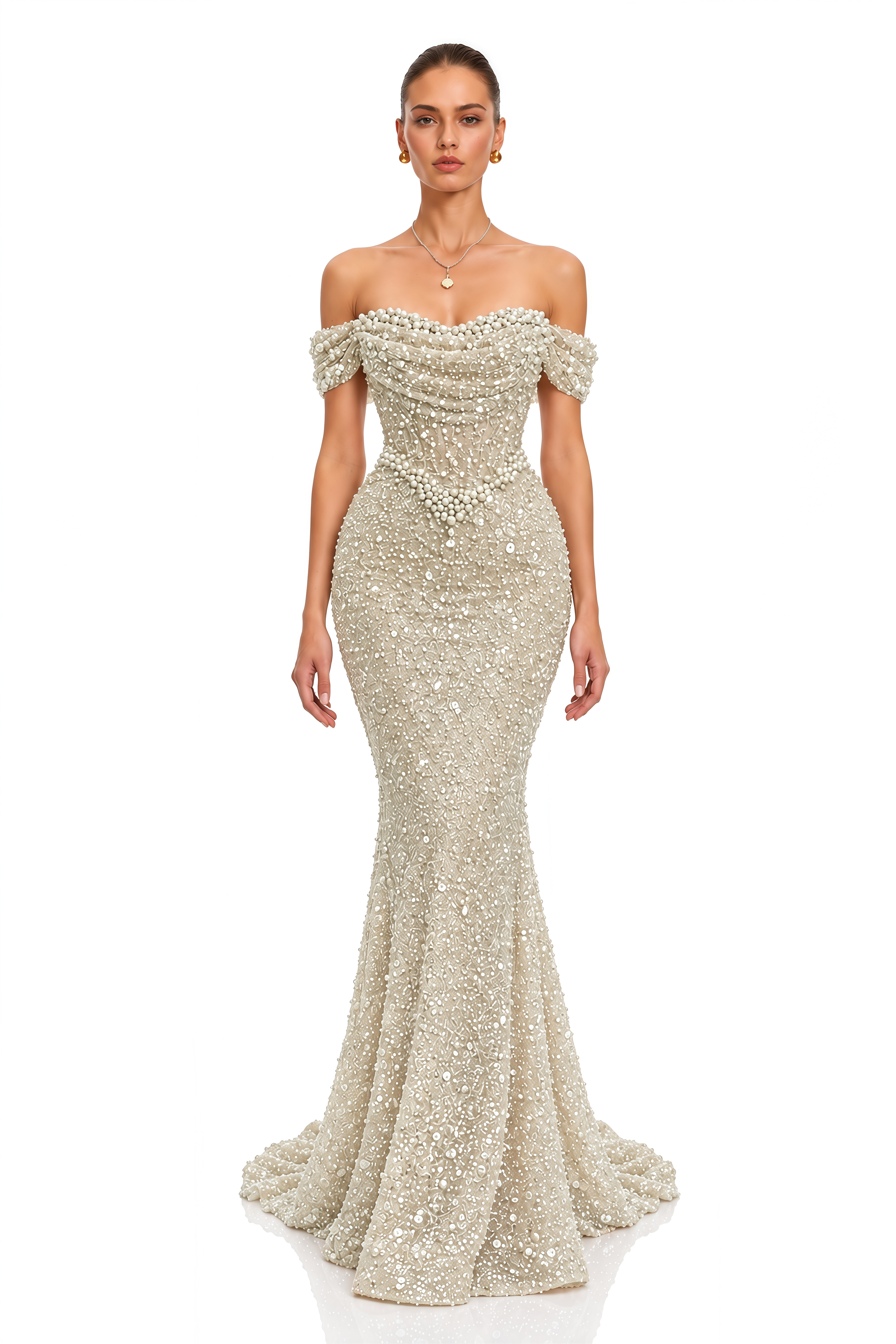 Alison Champagne Pearl Embellished Mermaid Maxi Gown
