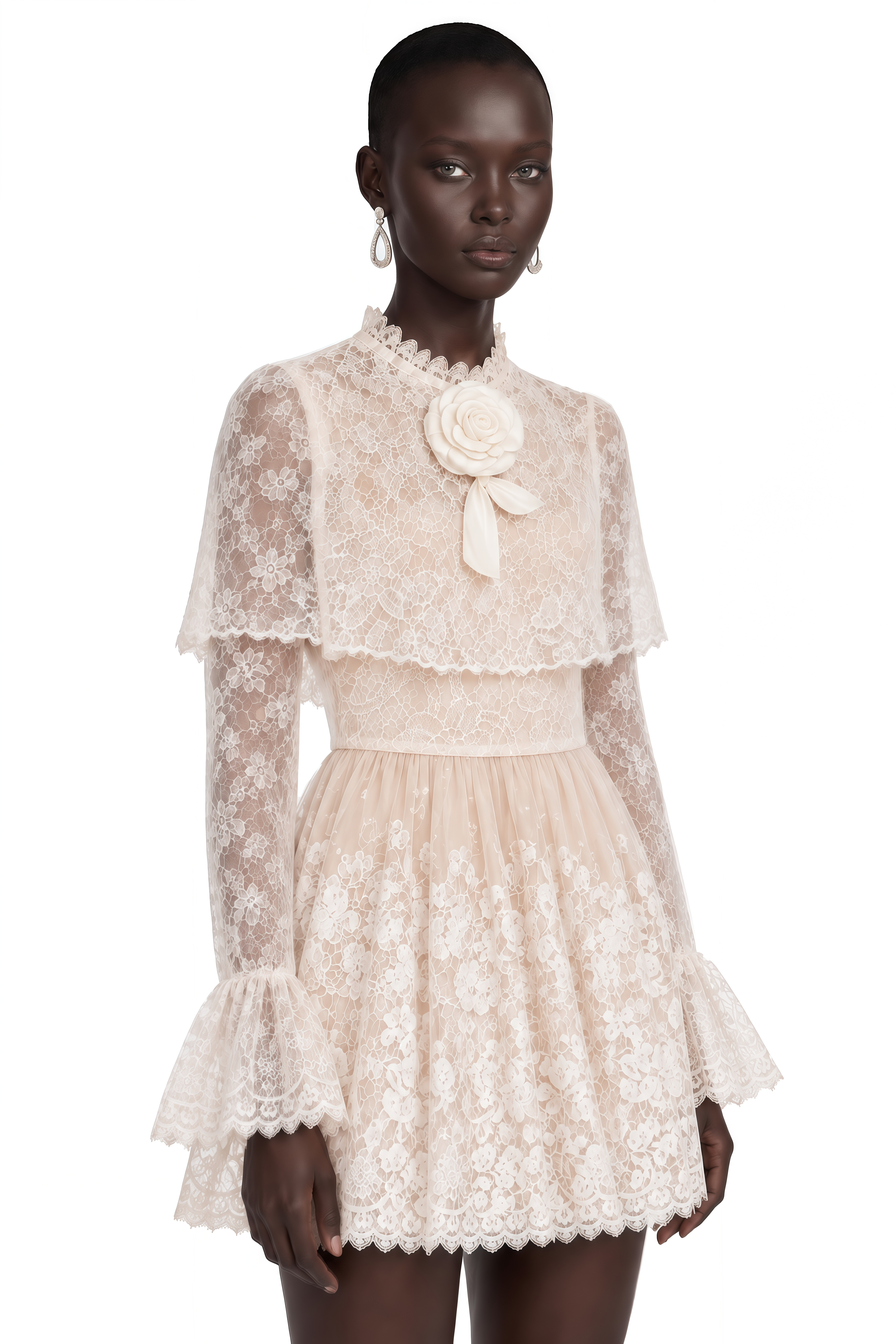 Allison Neutral Lace Puff Sleeve Blouse & Skirt Set