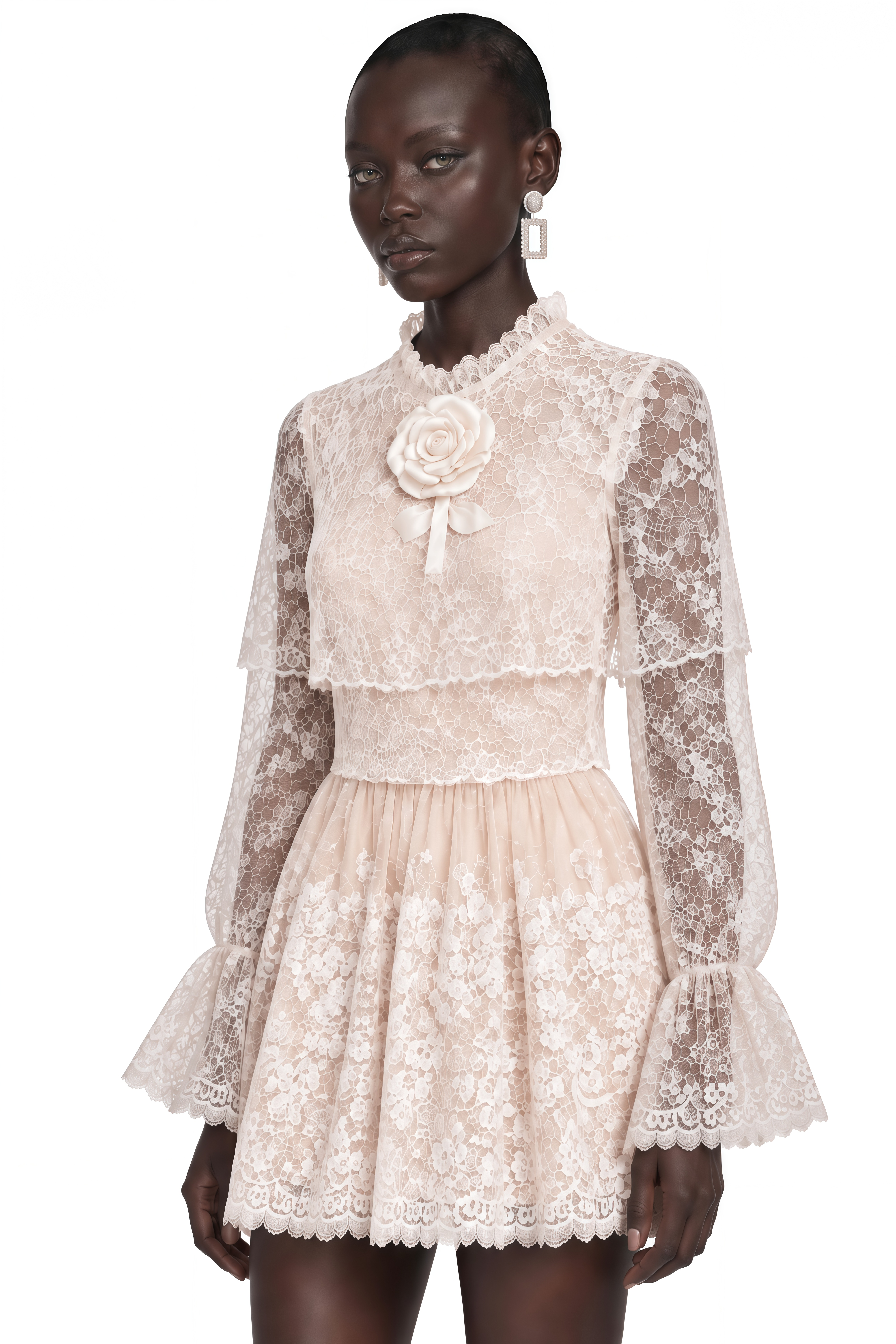 Allison Neutral Lace Puff Sleeve Blouse & Skirt Set