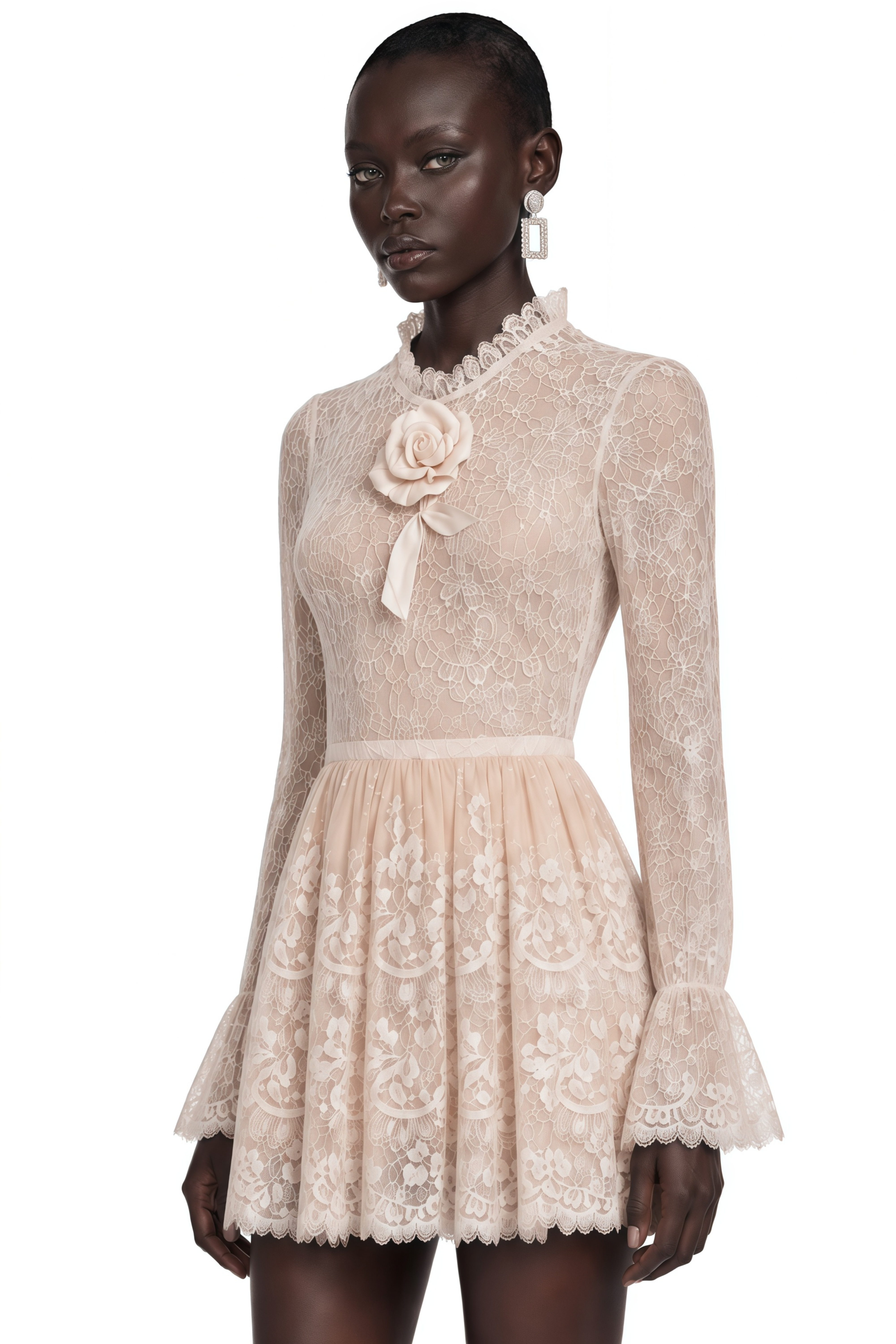 Allison Neutral Lace Puff Sleeve Mini Dress