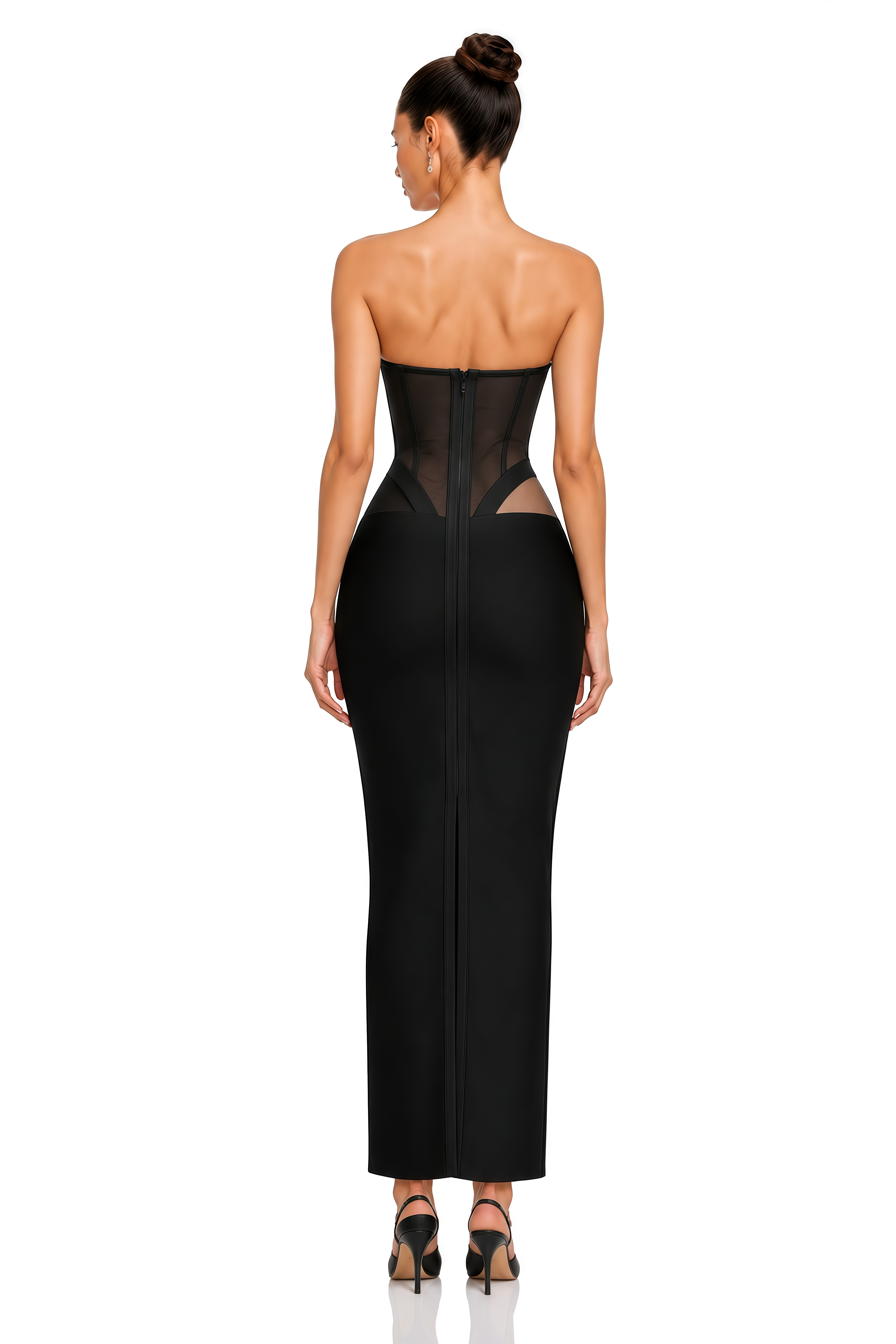 Althea Black Strapless Sheer Lace Corset Maxi Dress