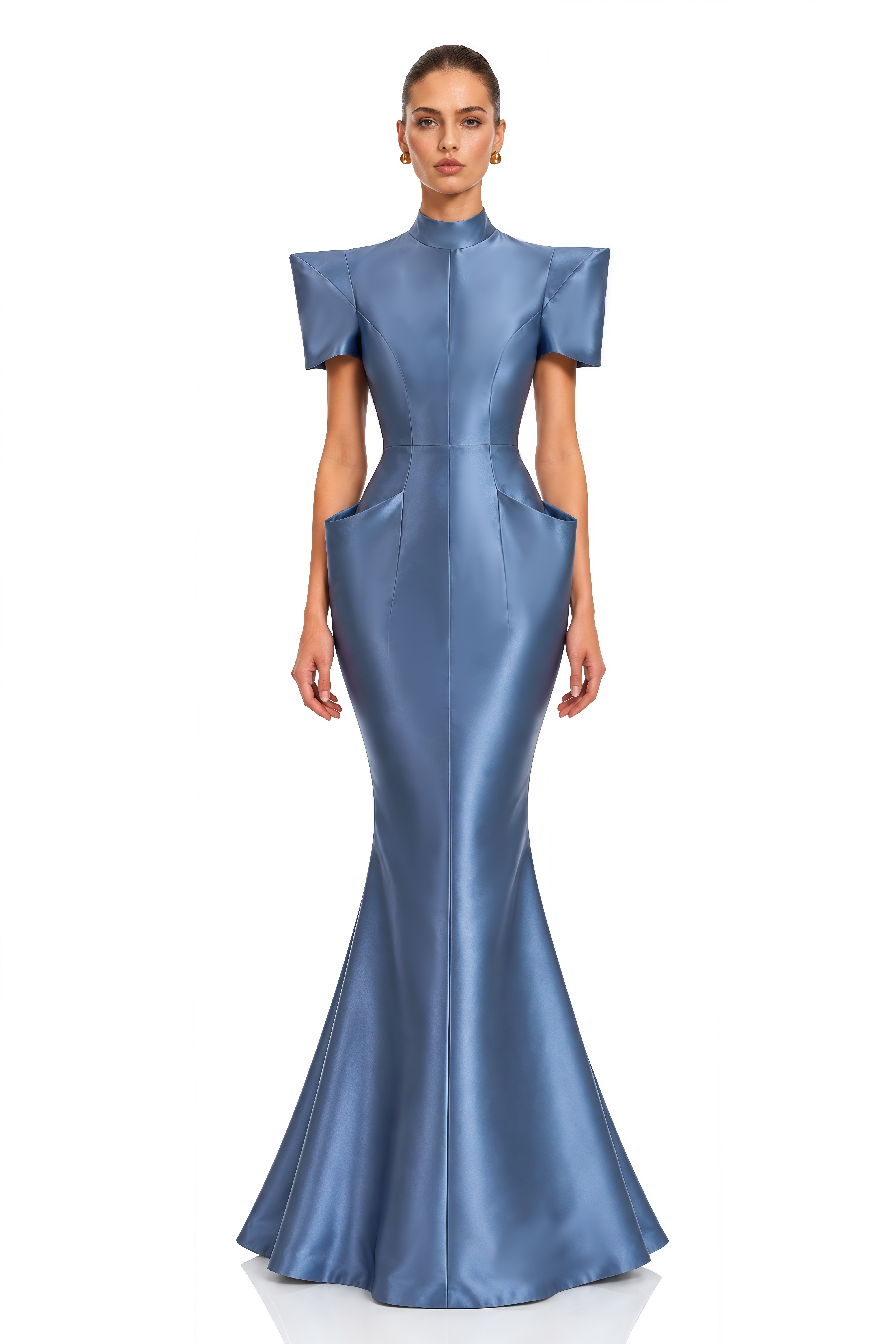 Althea Blue Structured Shoulder Satin Maxi Dress