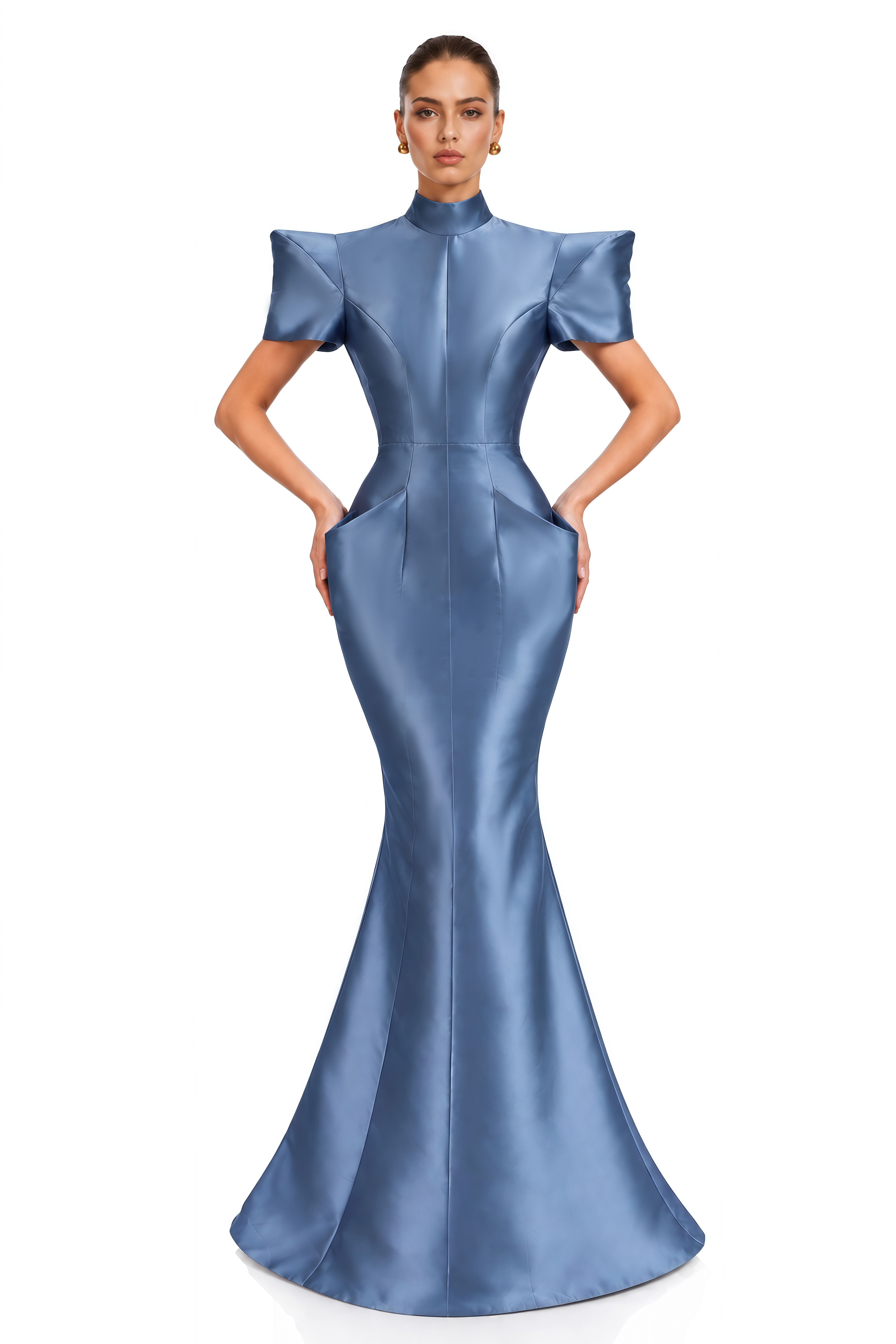 Althea Blue Structured Shoulder Satin Maxi Dress