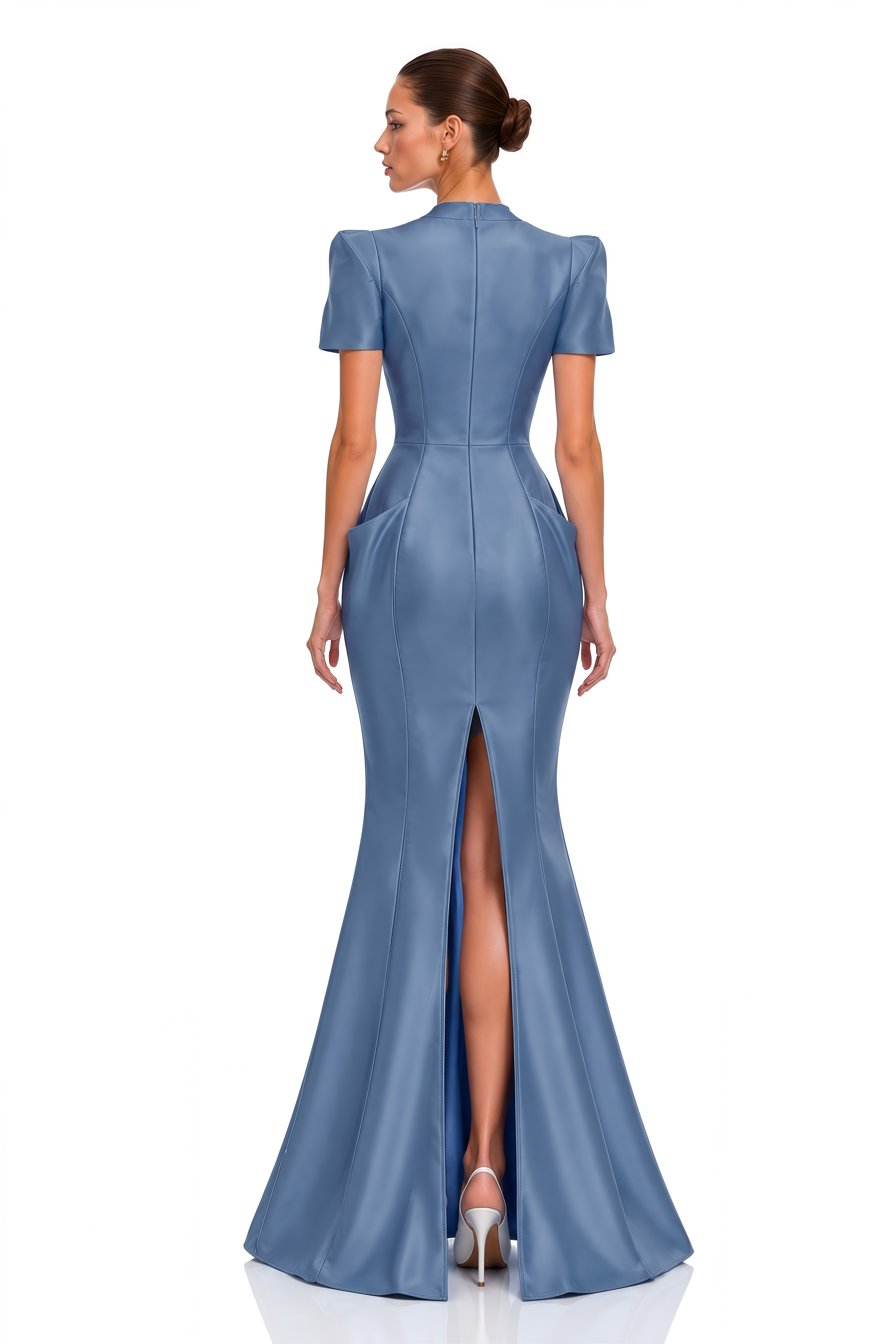 Althea Blue Structured Shoulder Satin Maxi Dress