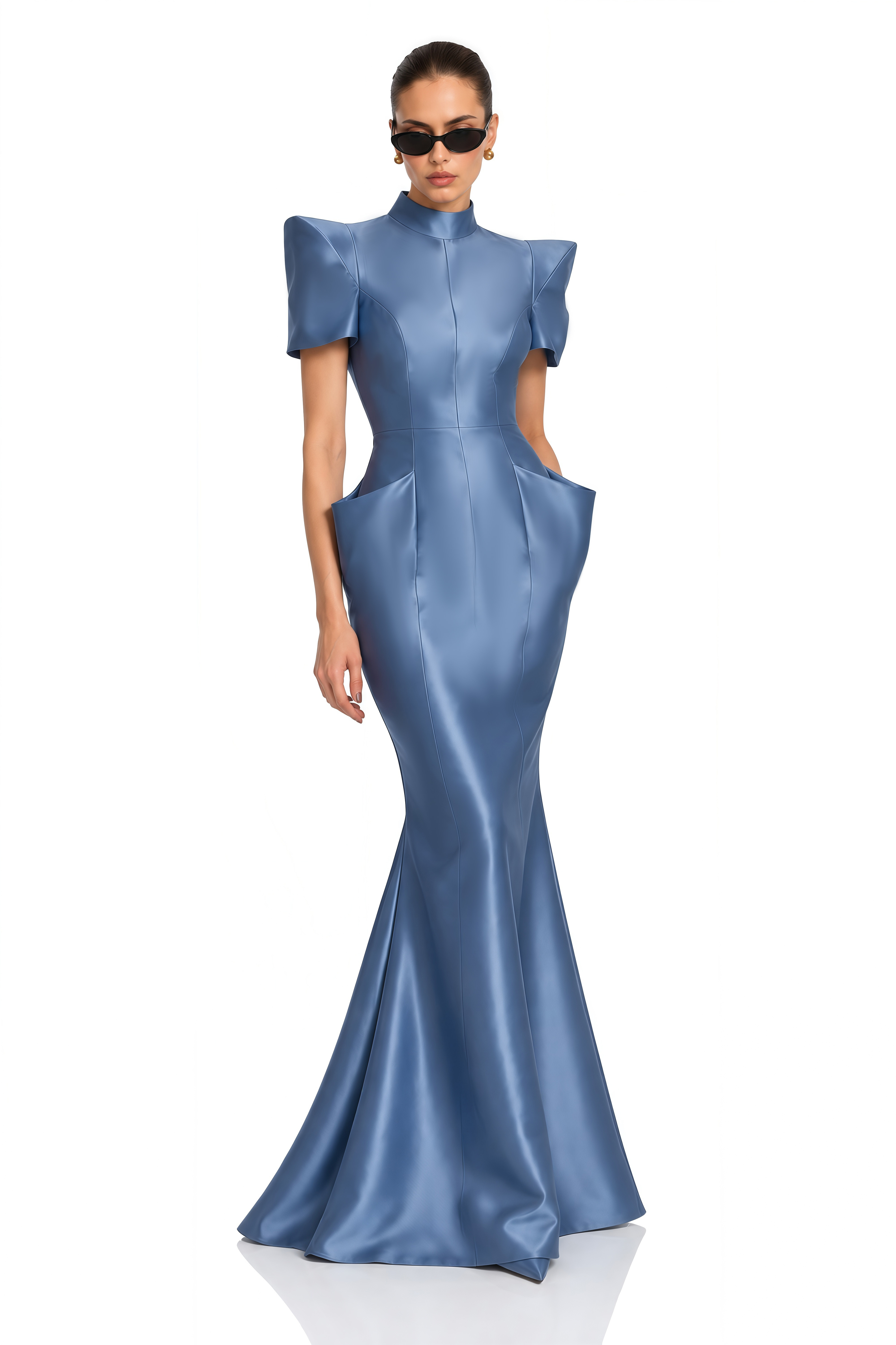 Althea Blue Structured Shoulder Satin Maxi Dress
