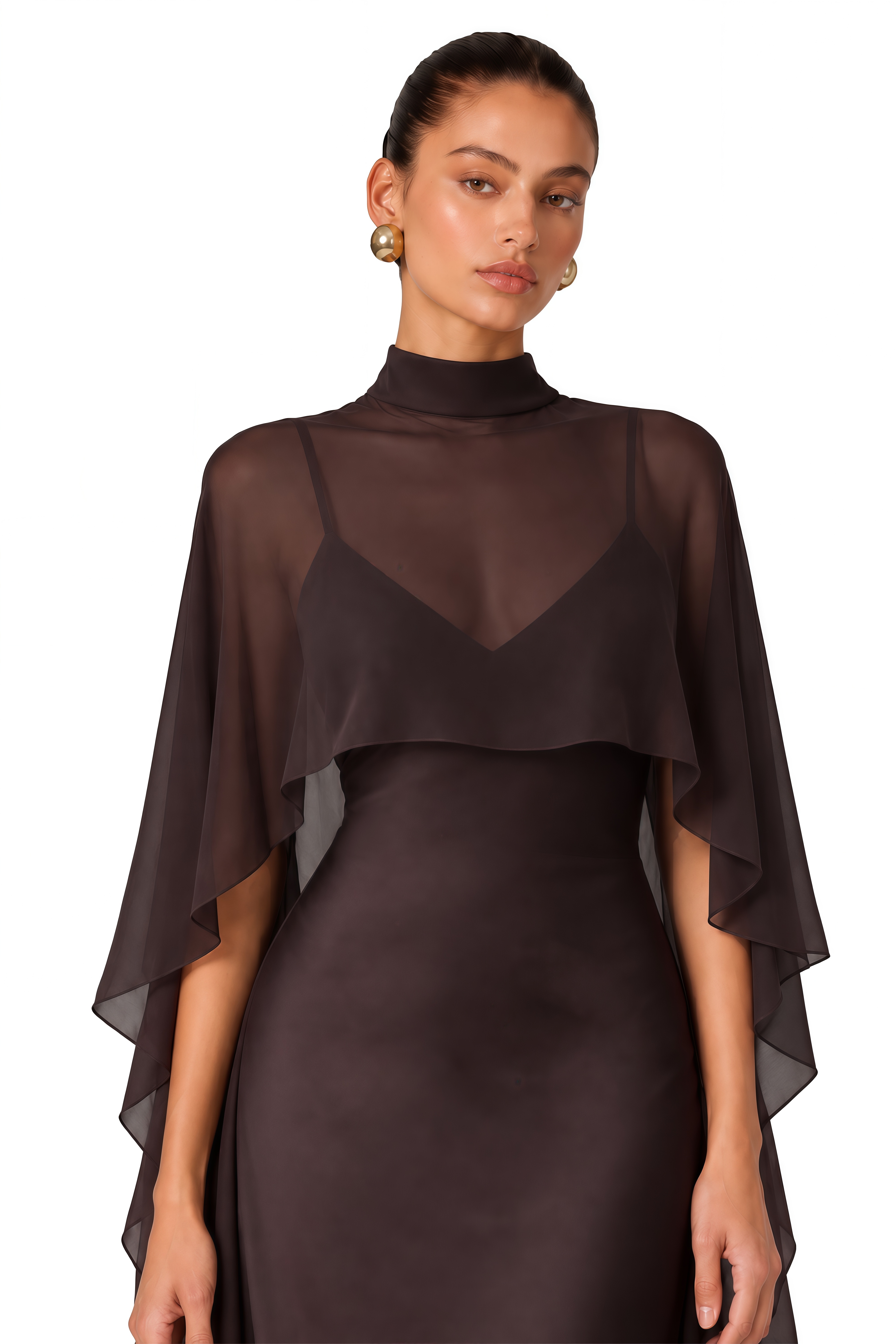 Althea Brown Sheer Cape Satin Maxi Dress