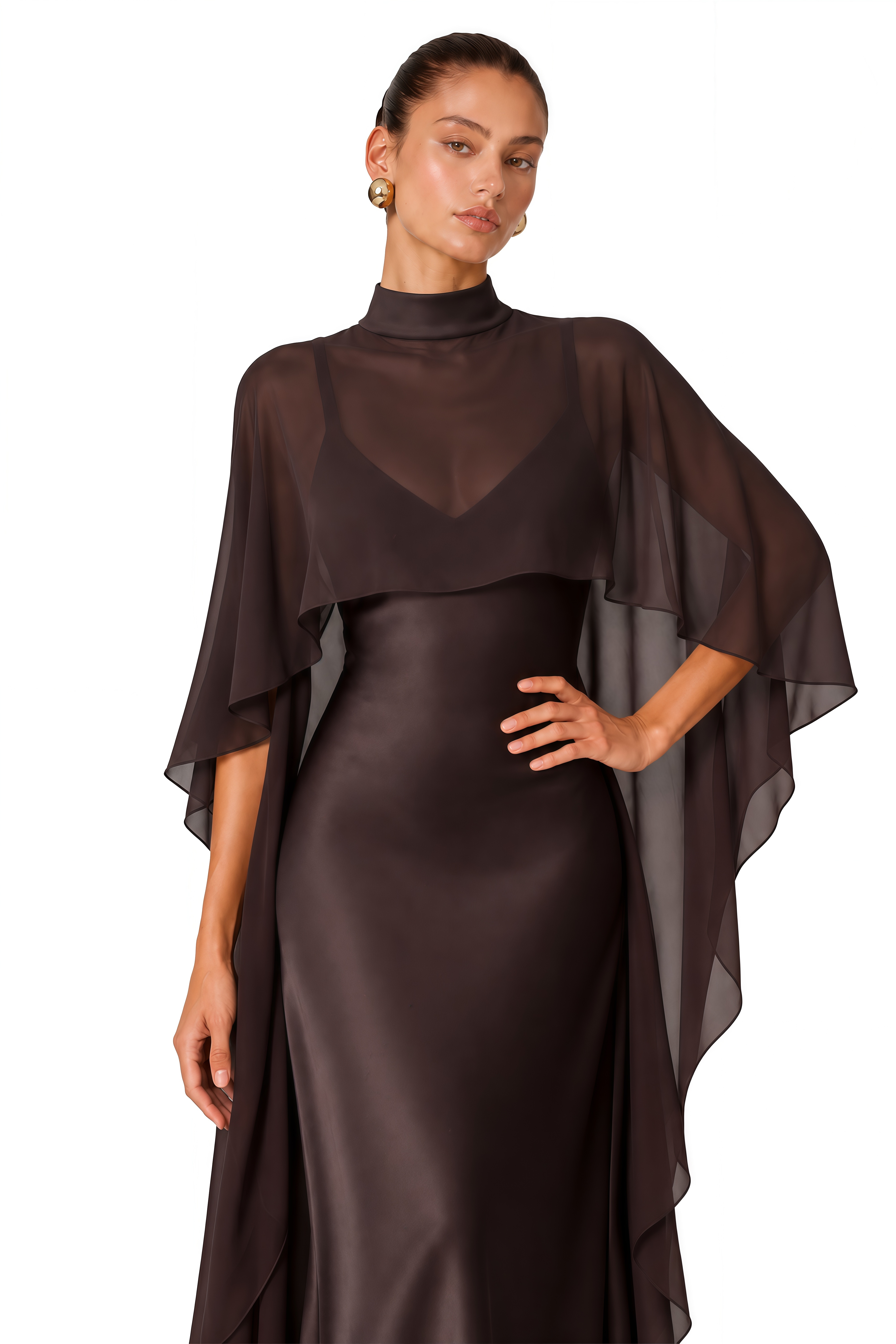 Althea Brown Sheer Cape Satin Maxi Dress