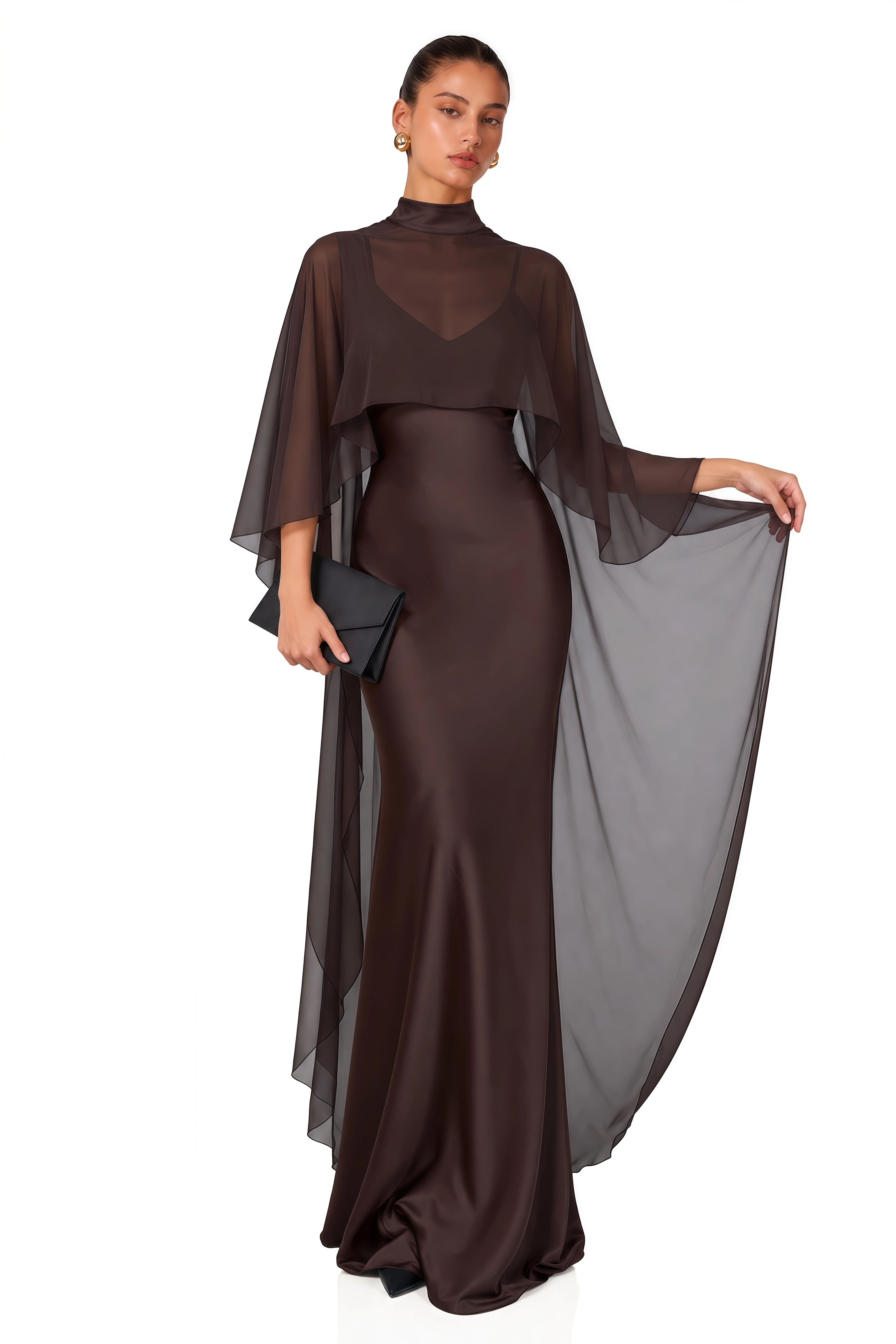 Althea Brown Sheer Cape Satin Maxi Dress