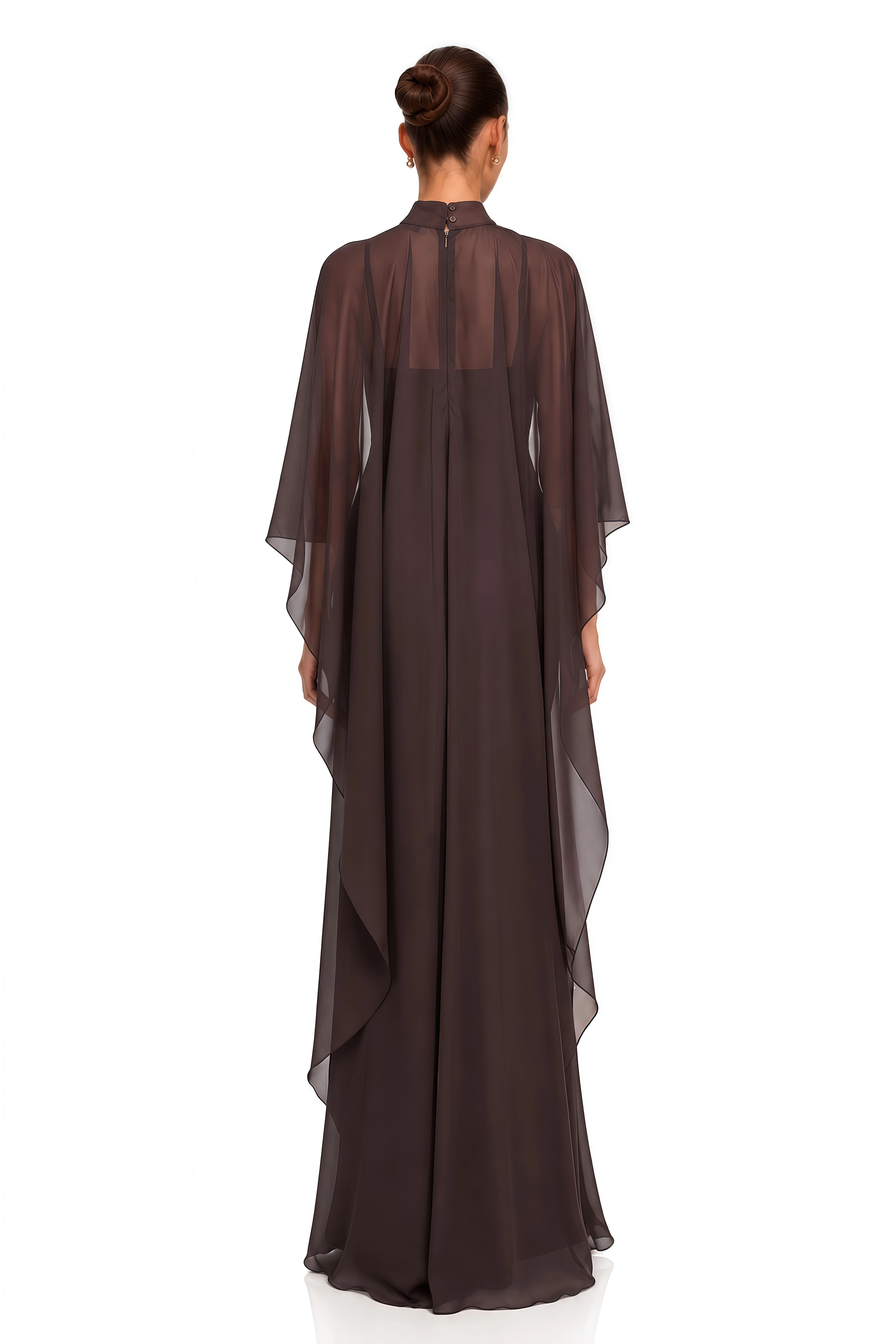 Althea Brown Sheer Cape Satin Maxi Dress