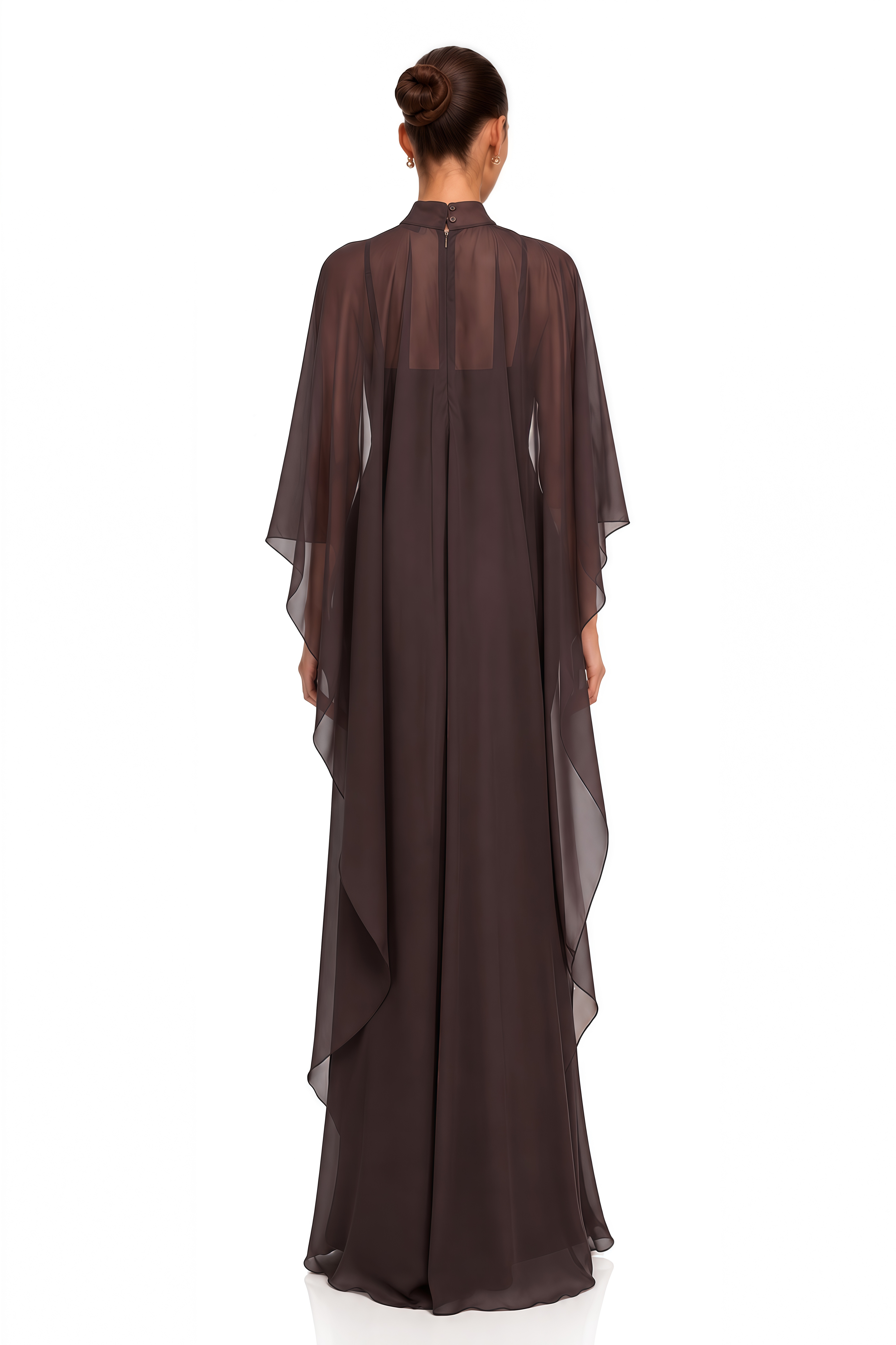 Althea Brown Sheer Cape Satin Maxi Dress