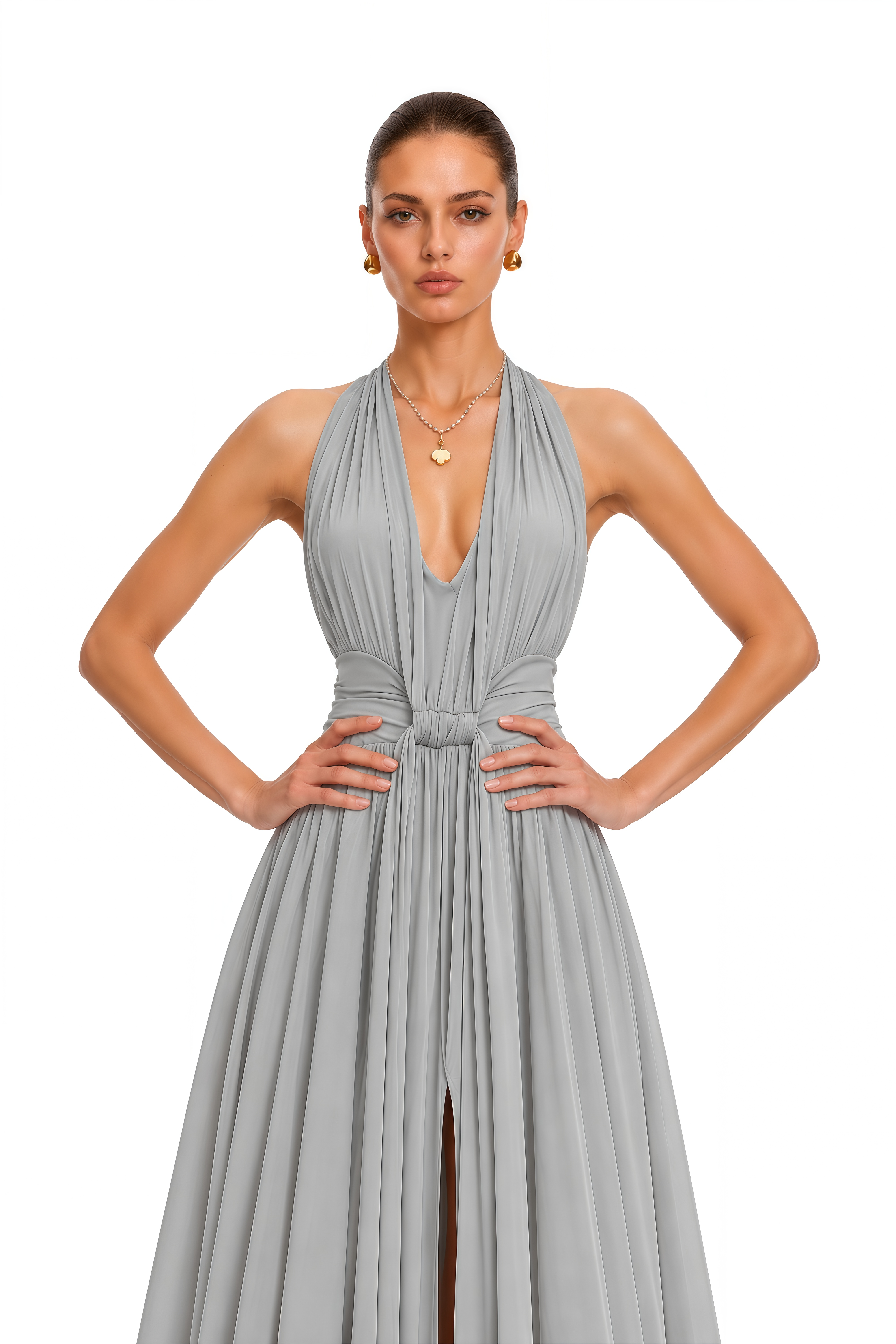 Althea Grey Halterneck Open Back Maxi Dress