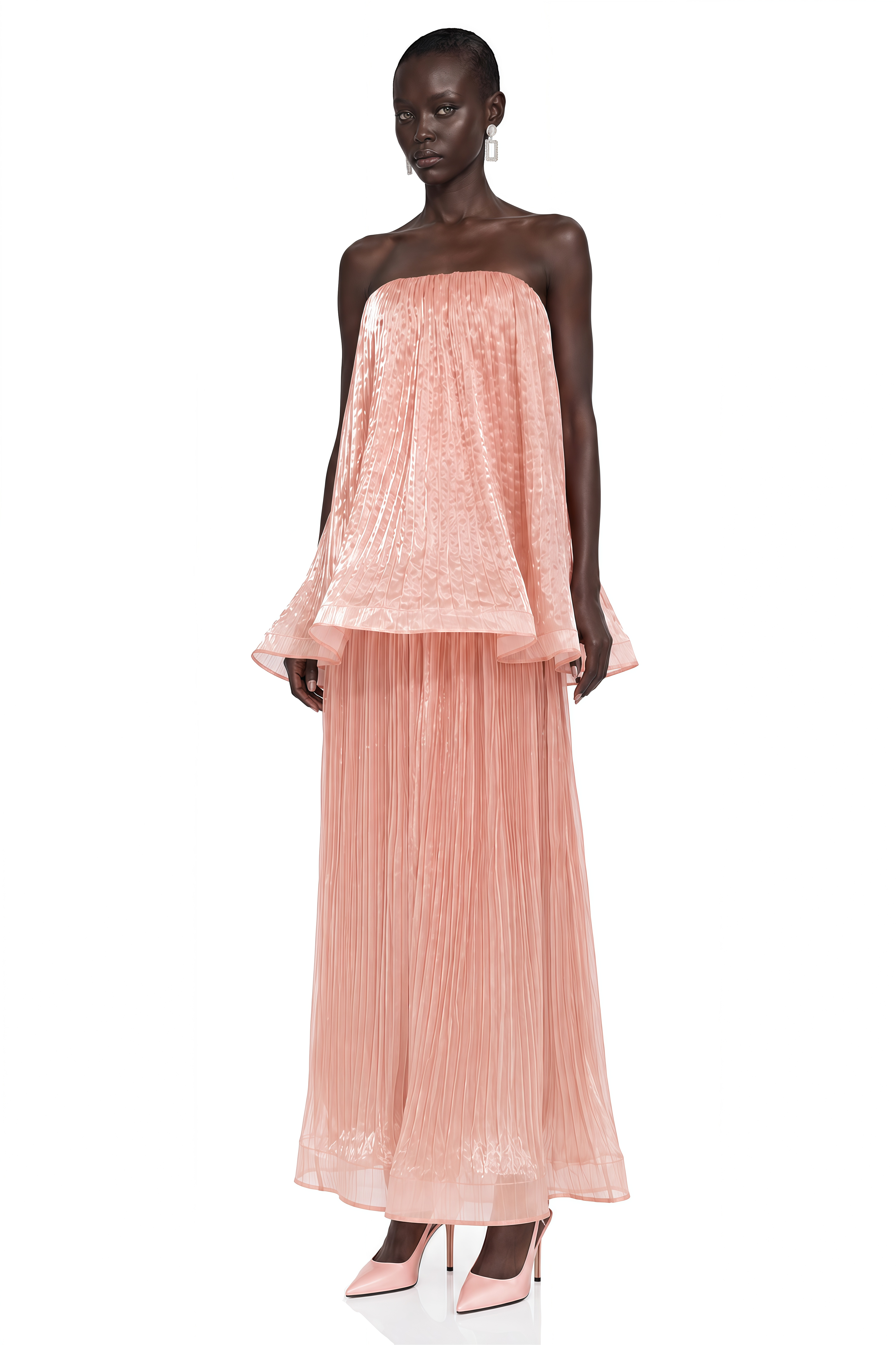 Althea Pink Strapless Pleated Top & Maxi Skirt Set