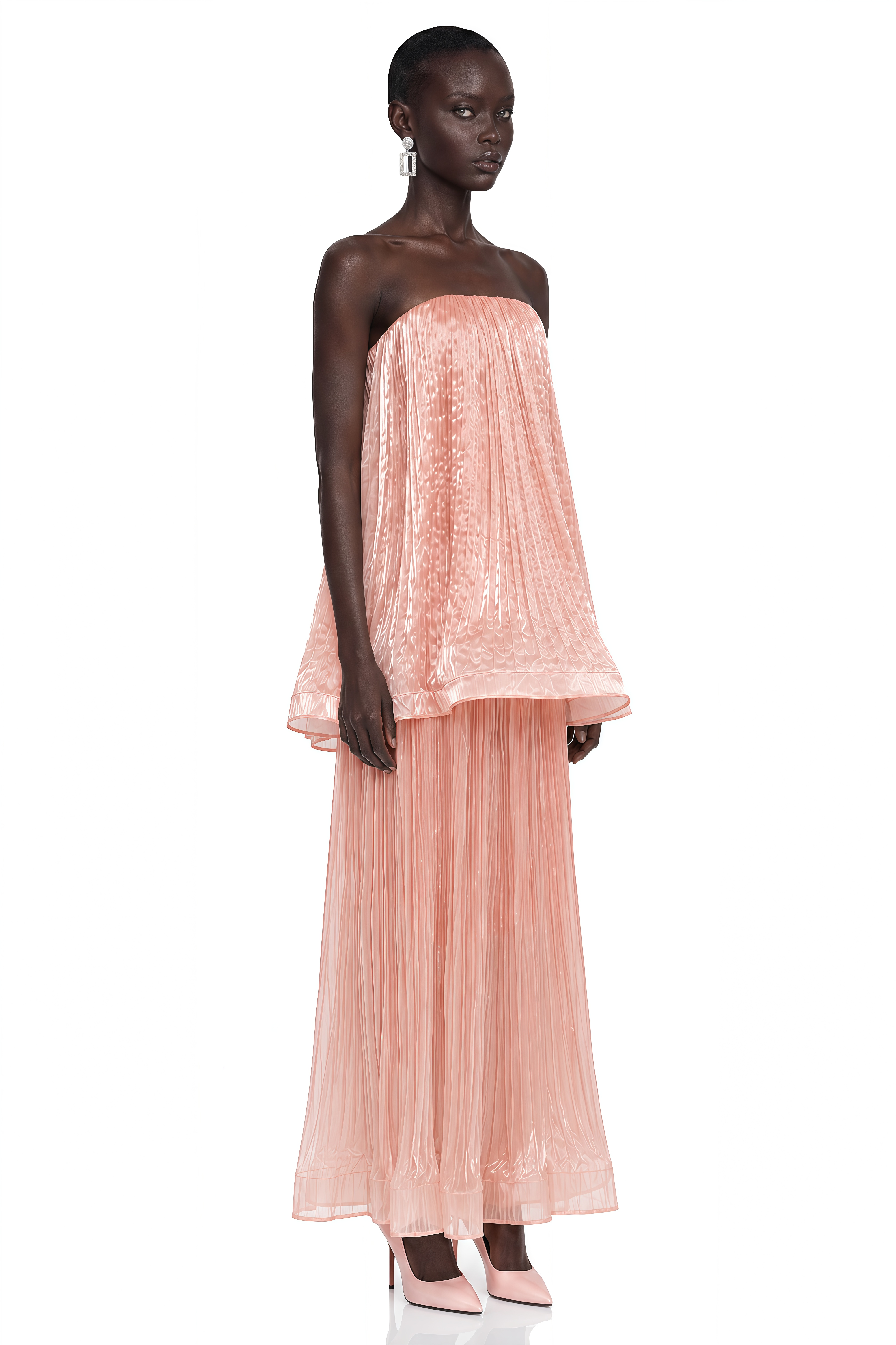 Althea Pink Strapless Pleated Top & Maxi Skirt Set