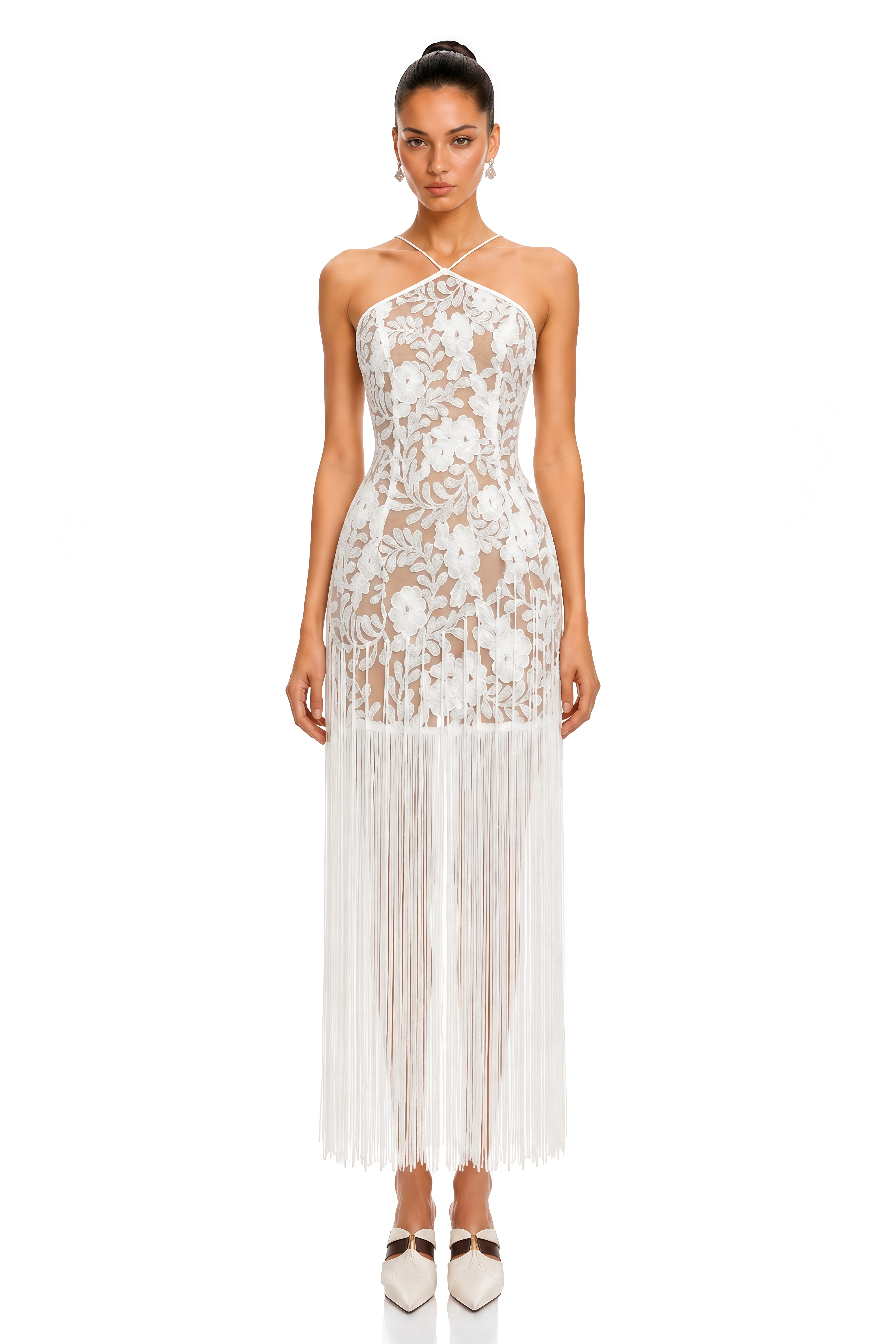 Althea White Floral Lace Fringe Halterneck Maxi Dress