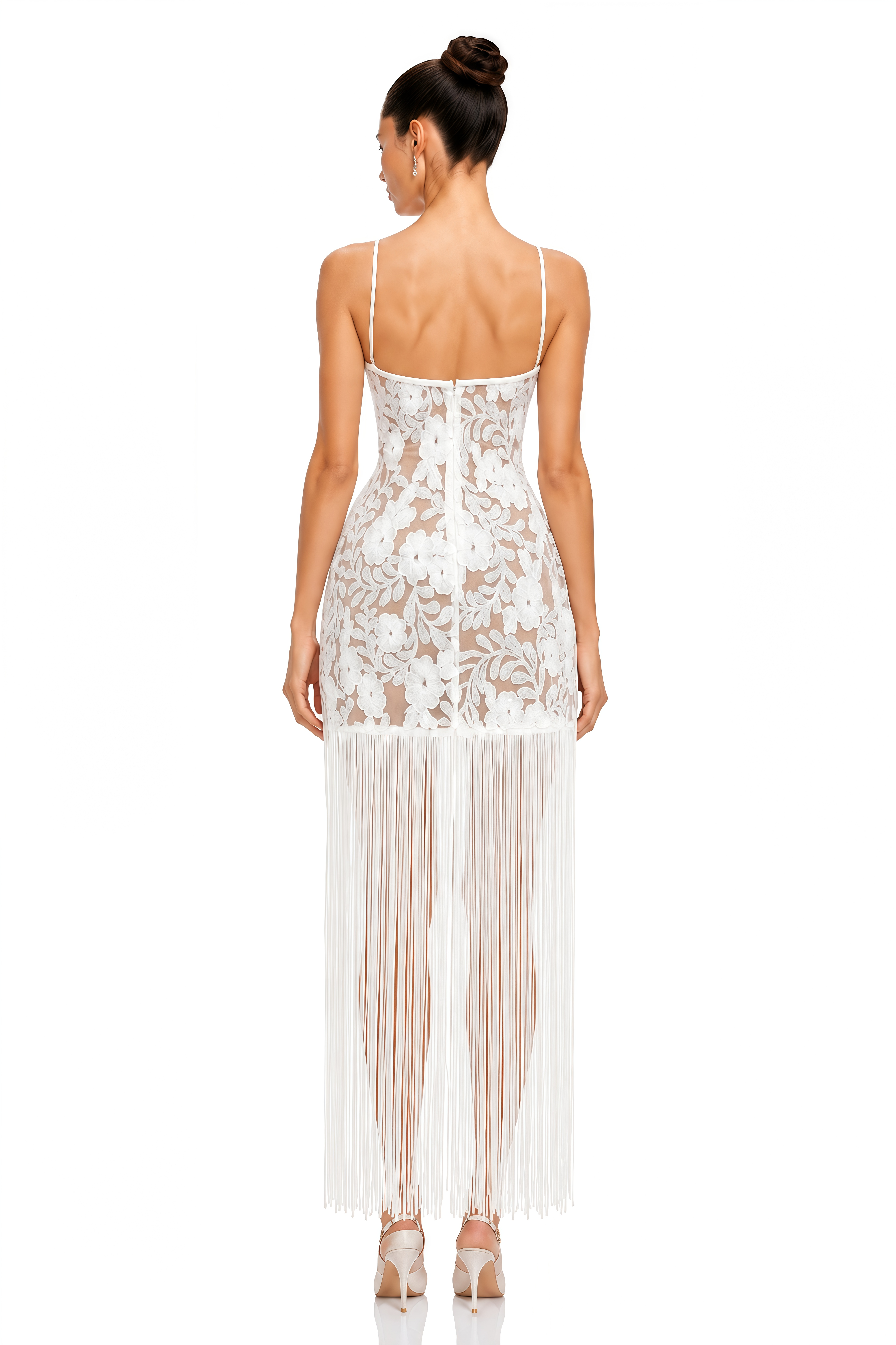 Althea White Floral Lace Fringe Halterneck Maxi Dress