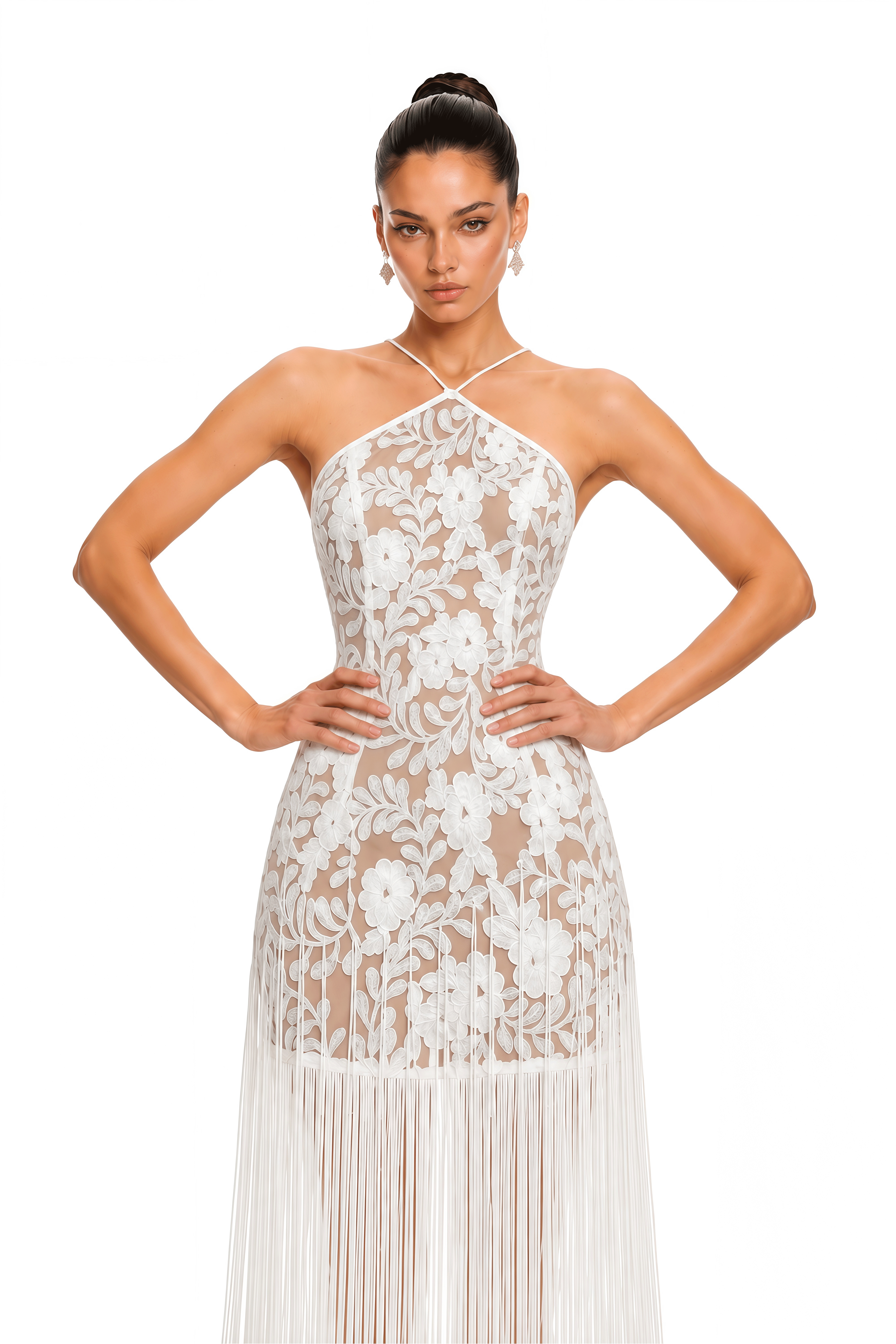 Althea White Floral Lace Fringe Halterneck Maxi Dress
