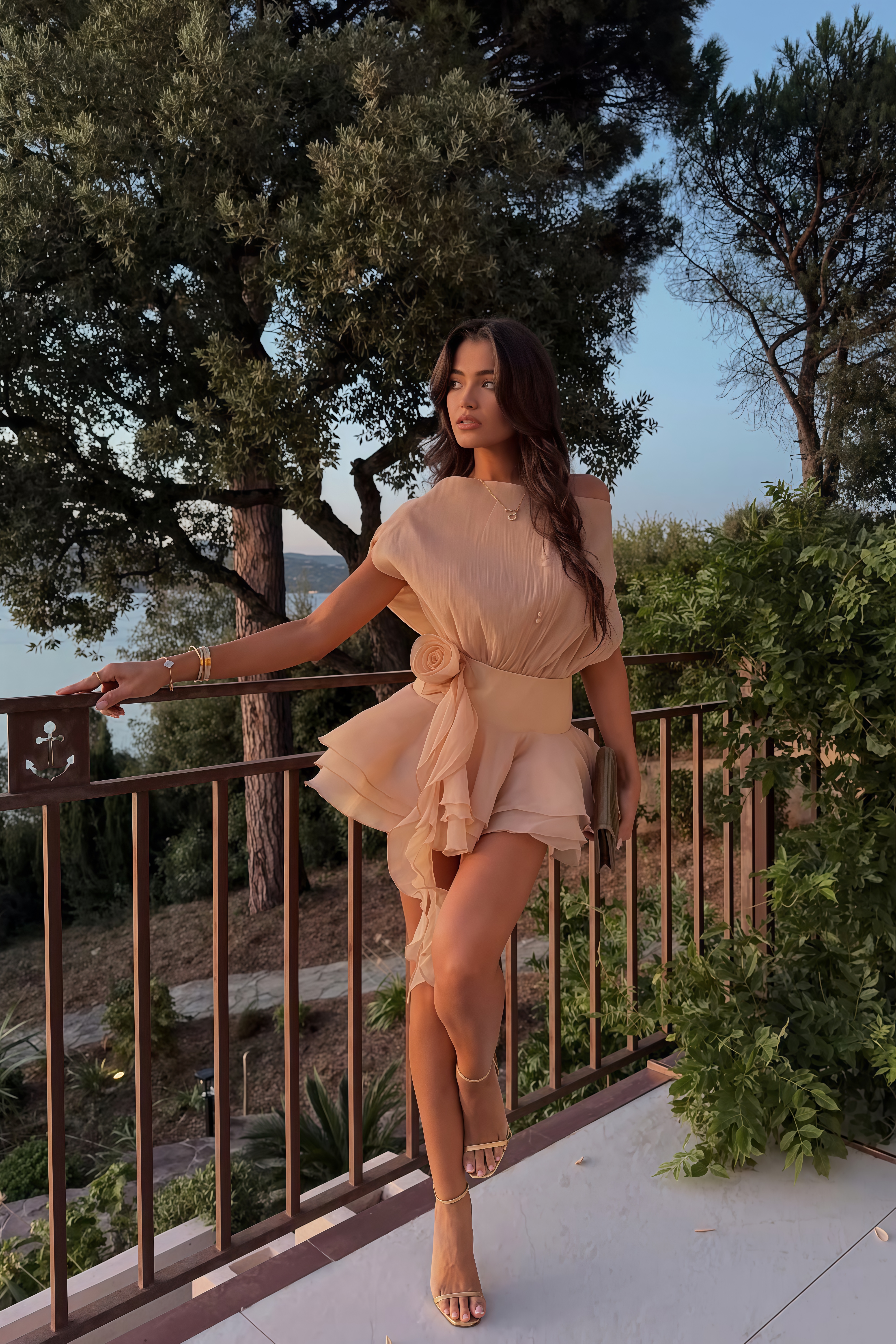 Amélie Floral-Appliqué Flounced Mini Dress in Neutrals