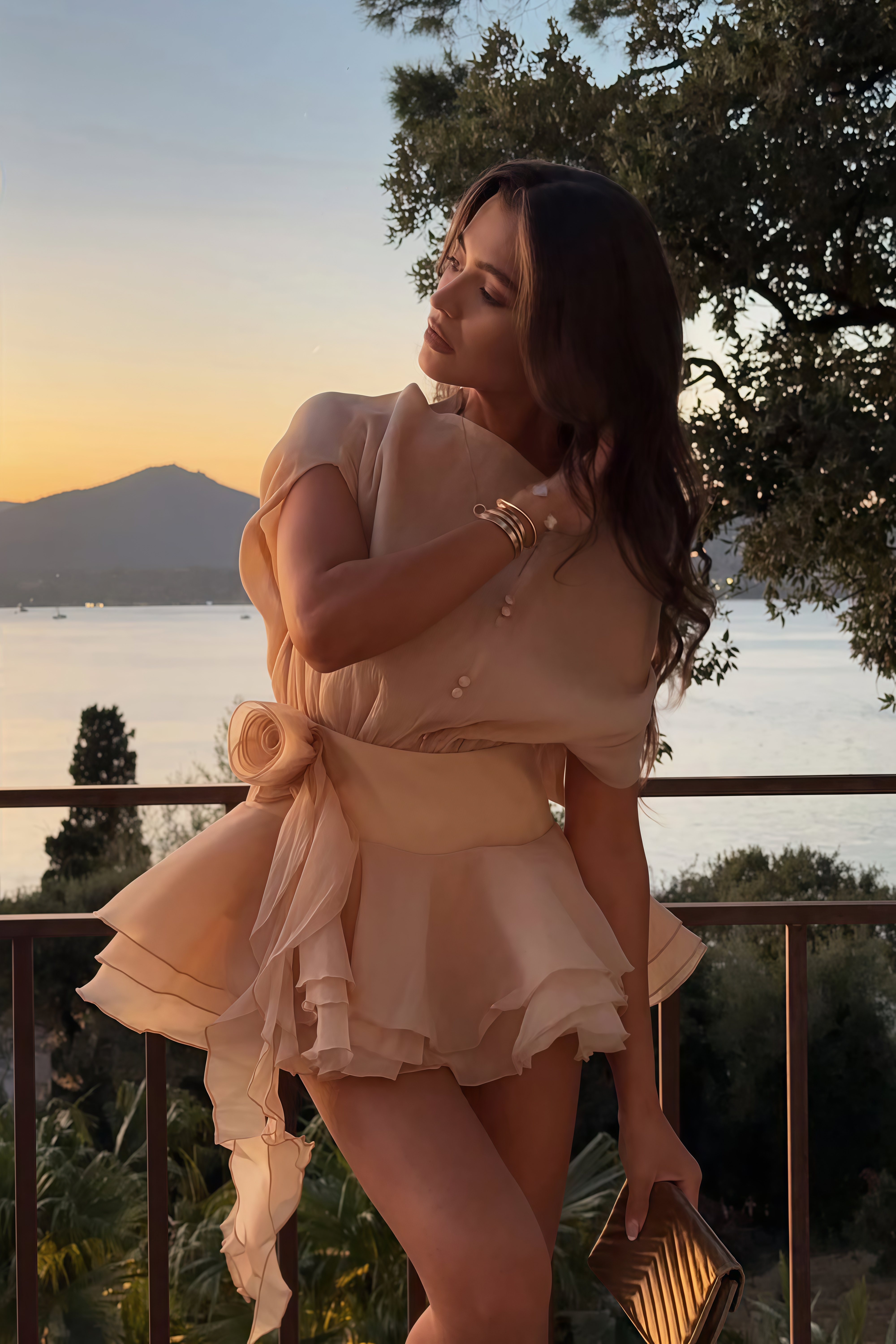 Amélie Floral-Appliqué Flounced Mini Dress in Neutrals