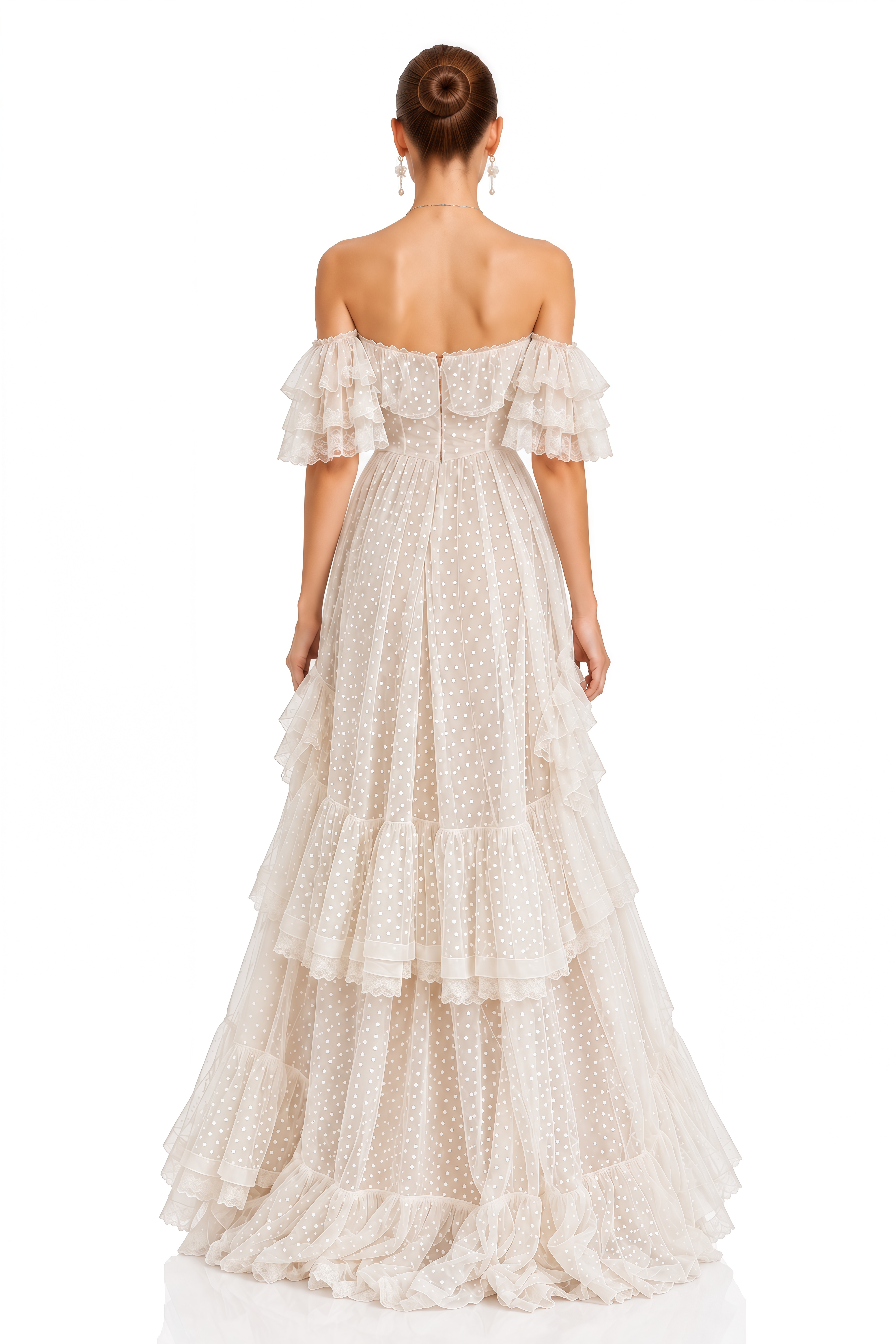 Amabel Ivory Polka Dot Ruffle Off Shoulder Maxi Dress