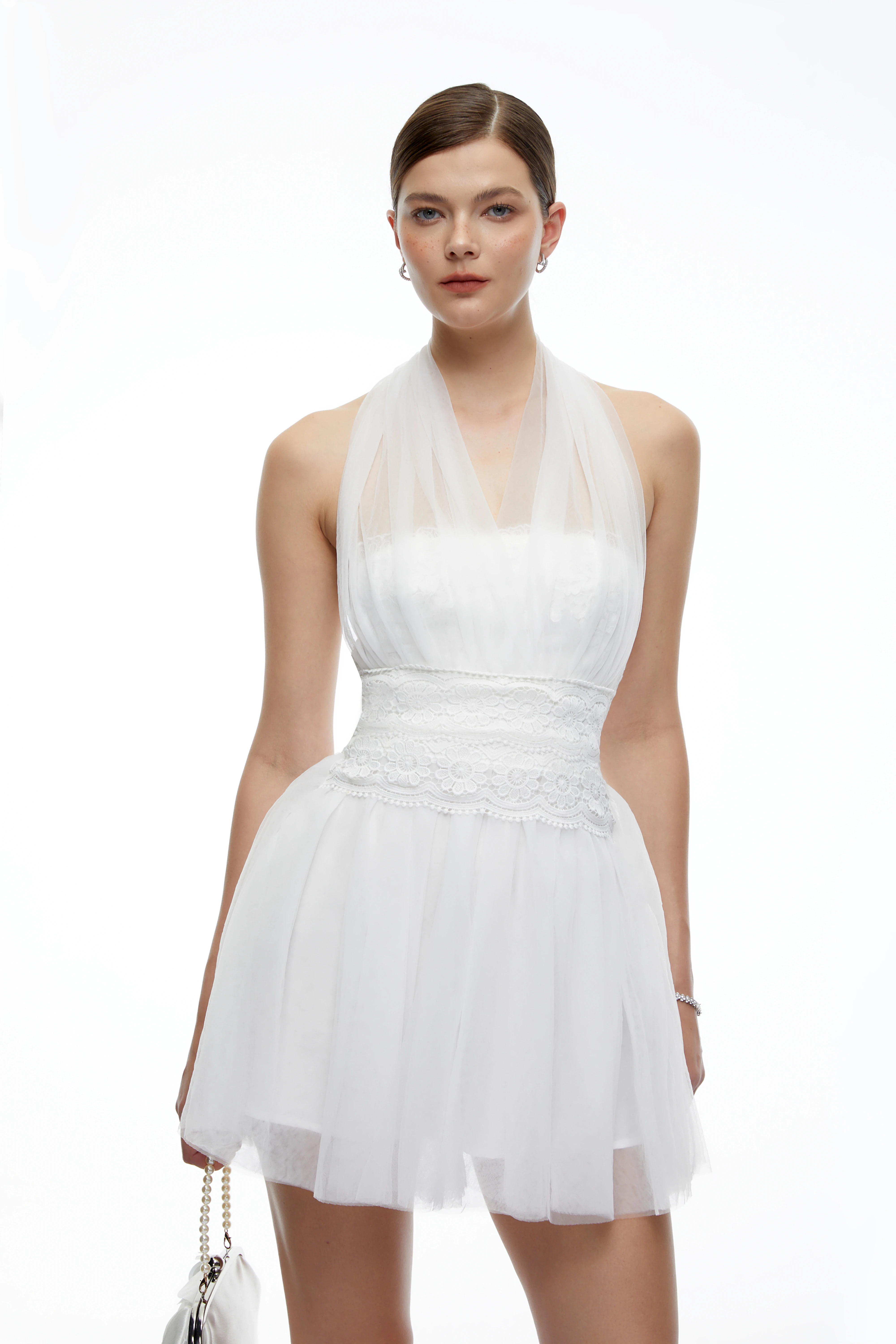 Amabel White Halterneck Lace Waist Tulle Mini Dress