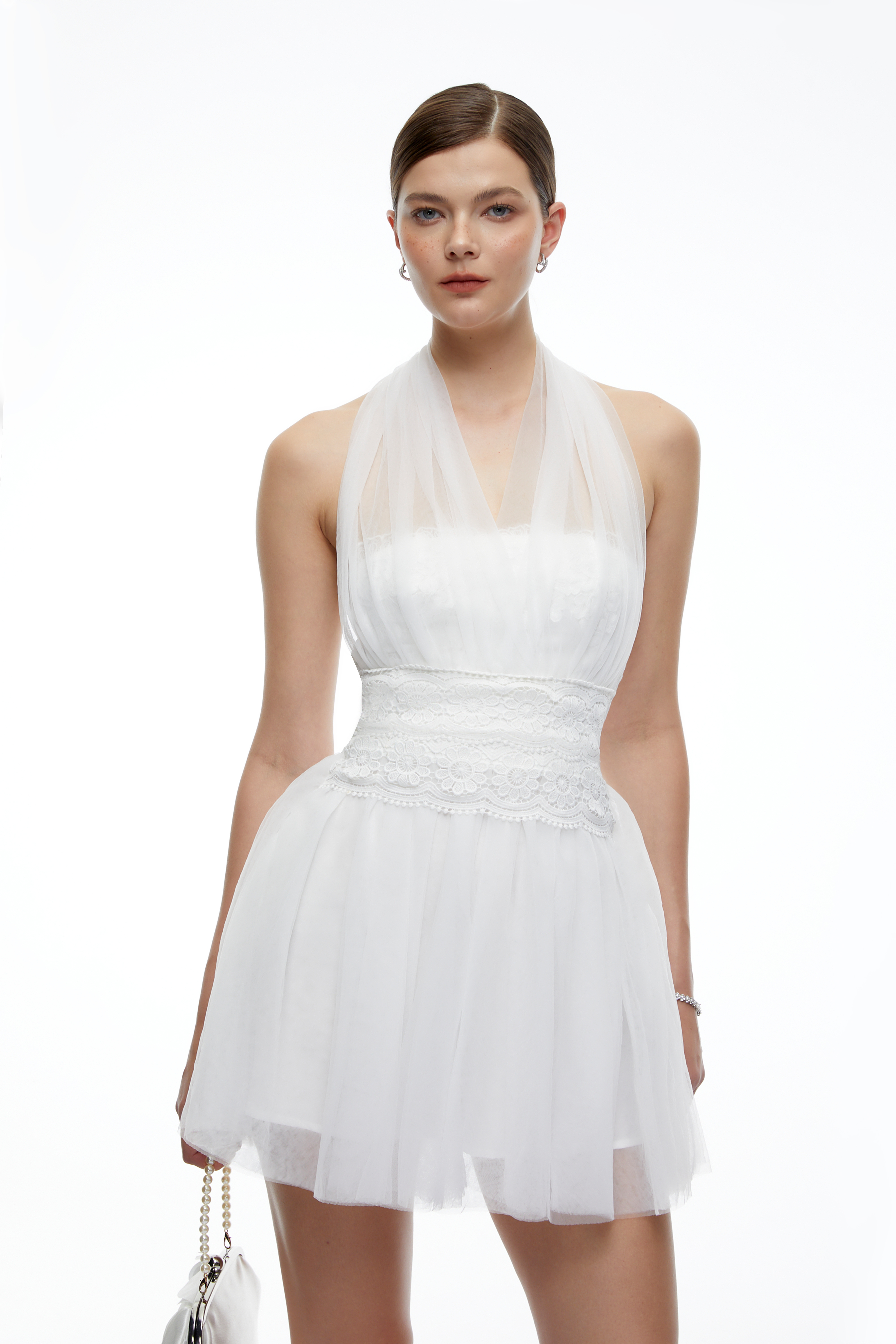 Amabel White Halterneck Lace Waist Tulle Mini Dress