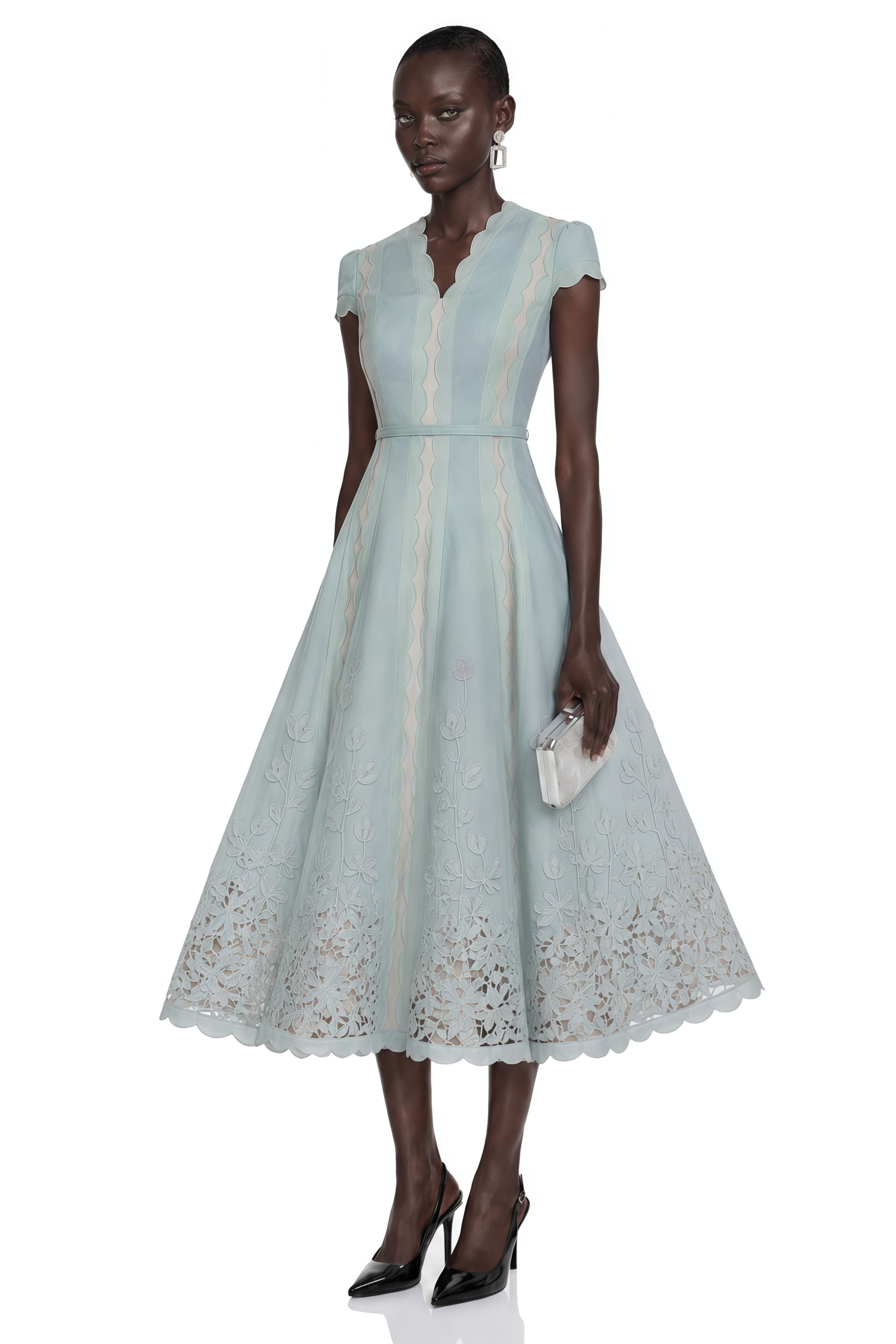 Amália Blue Scalloped Floral Embroidered Midi Dress