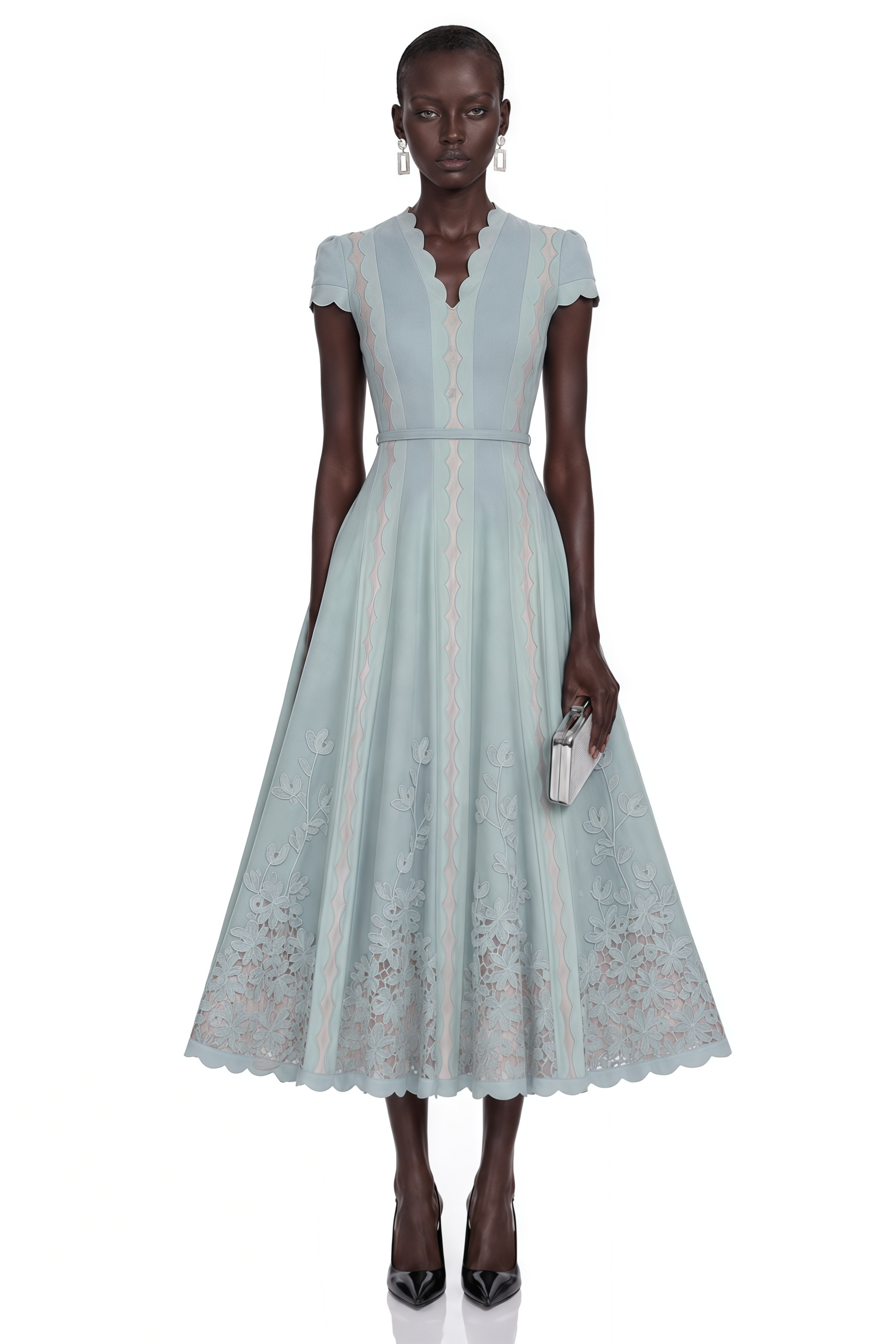 Amália Blue Scalloped Floral Embroidered Midi Dress