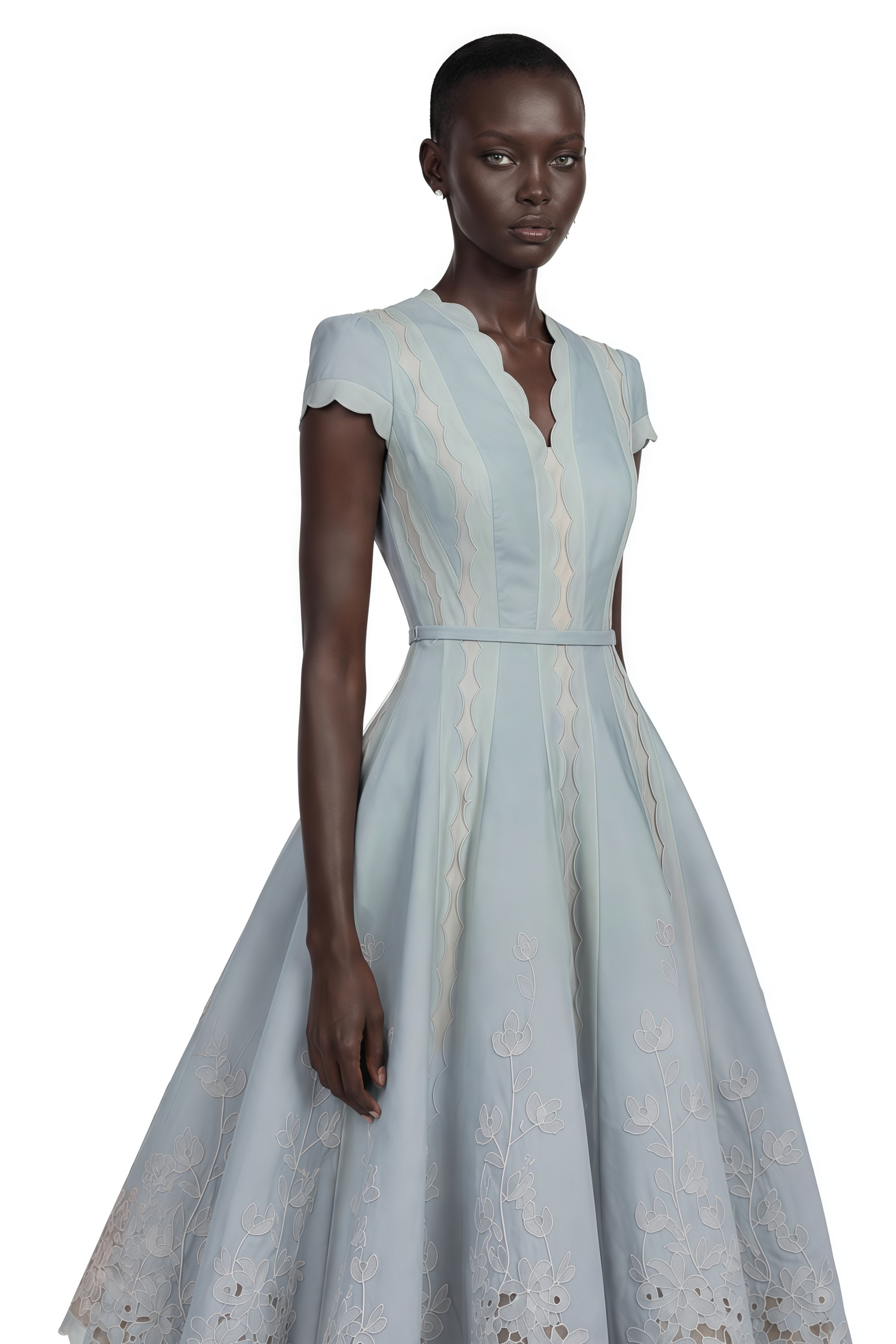 Amália Blue Scalloped Floral Embroidered Midi Dress