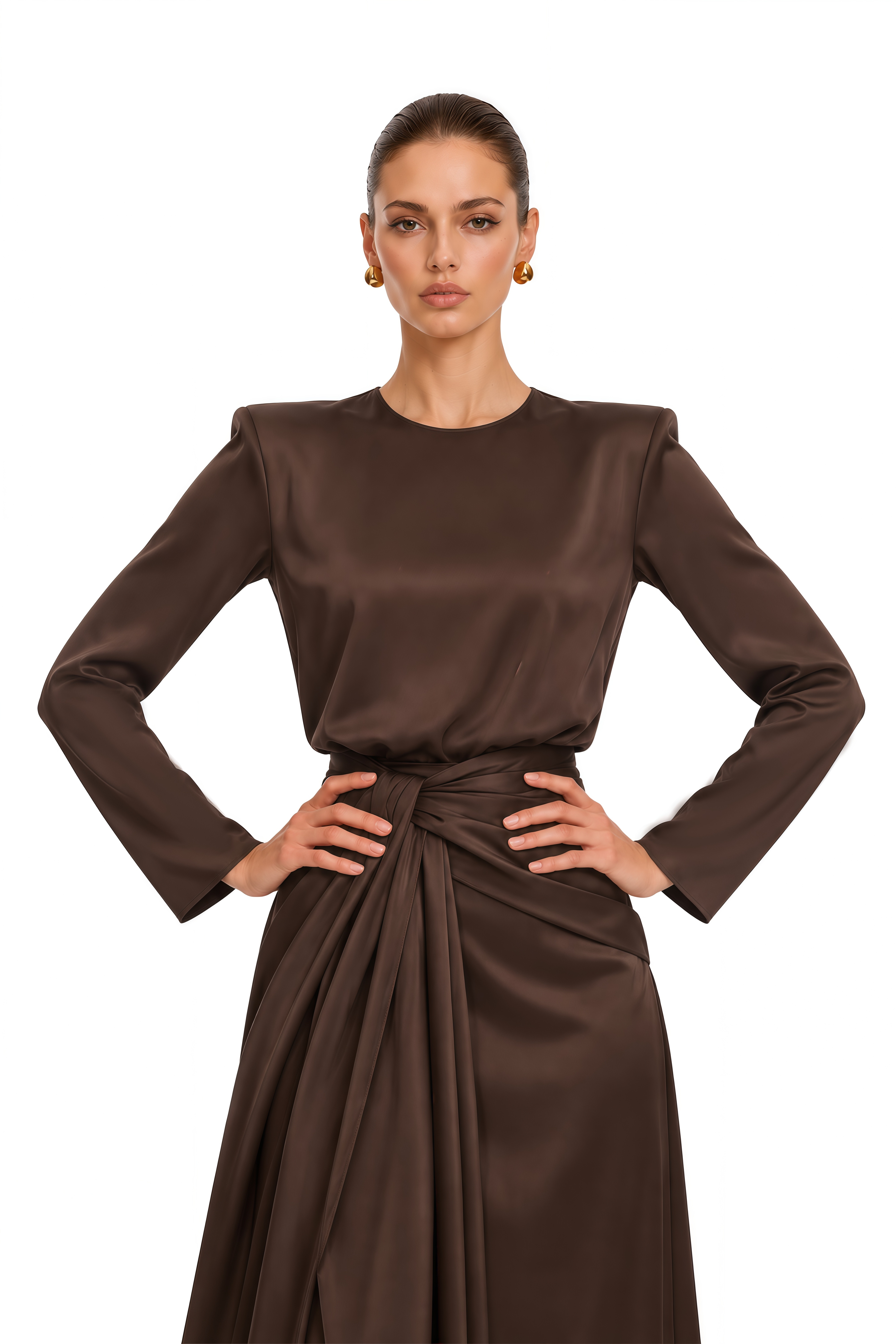 Amandine Chocolate Brown Satin Shirt & Draped Maxi Skirt Set