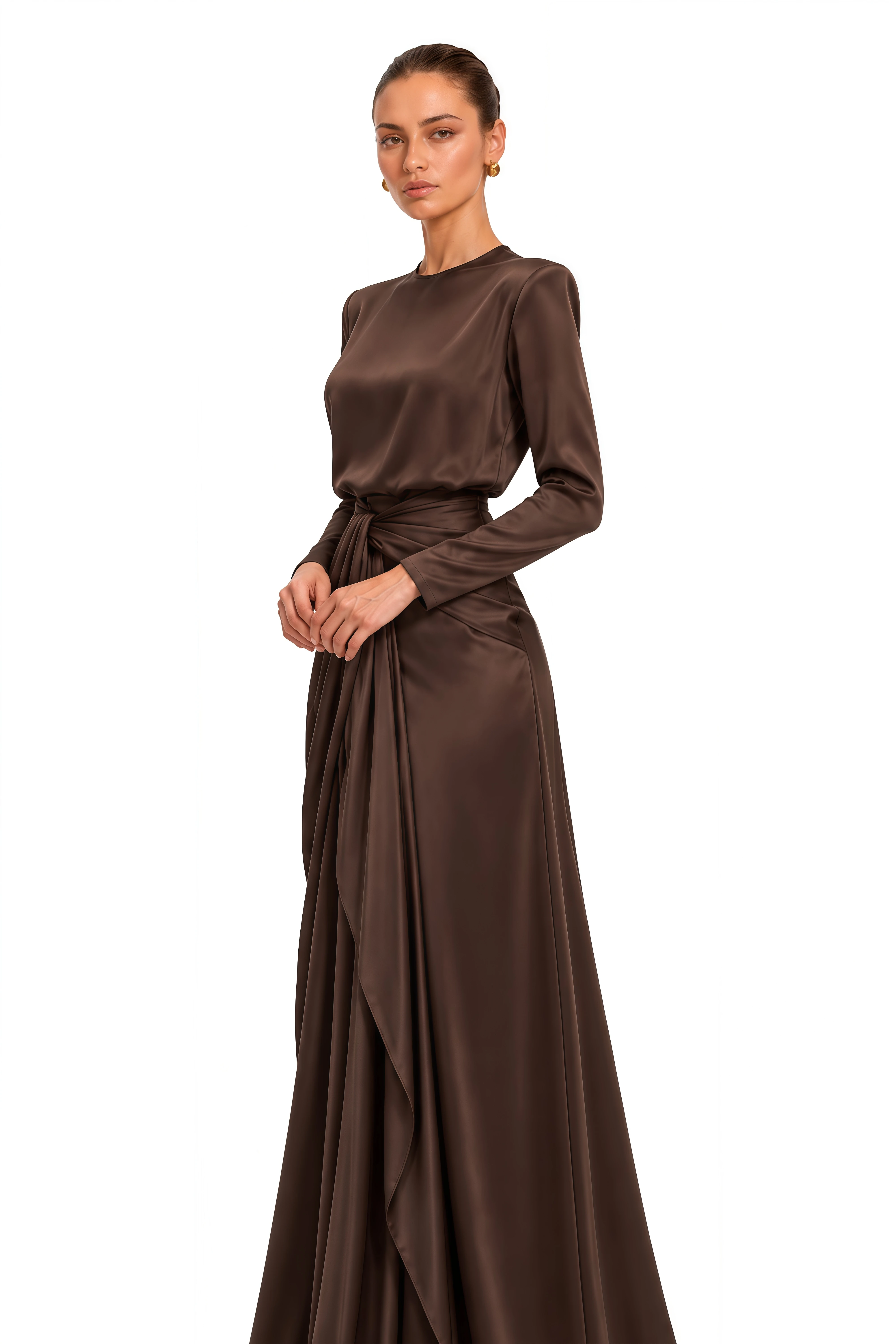 Amandine Chocolate Brown Satin Shirt & Draped Maxi Skirt Set