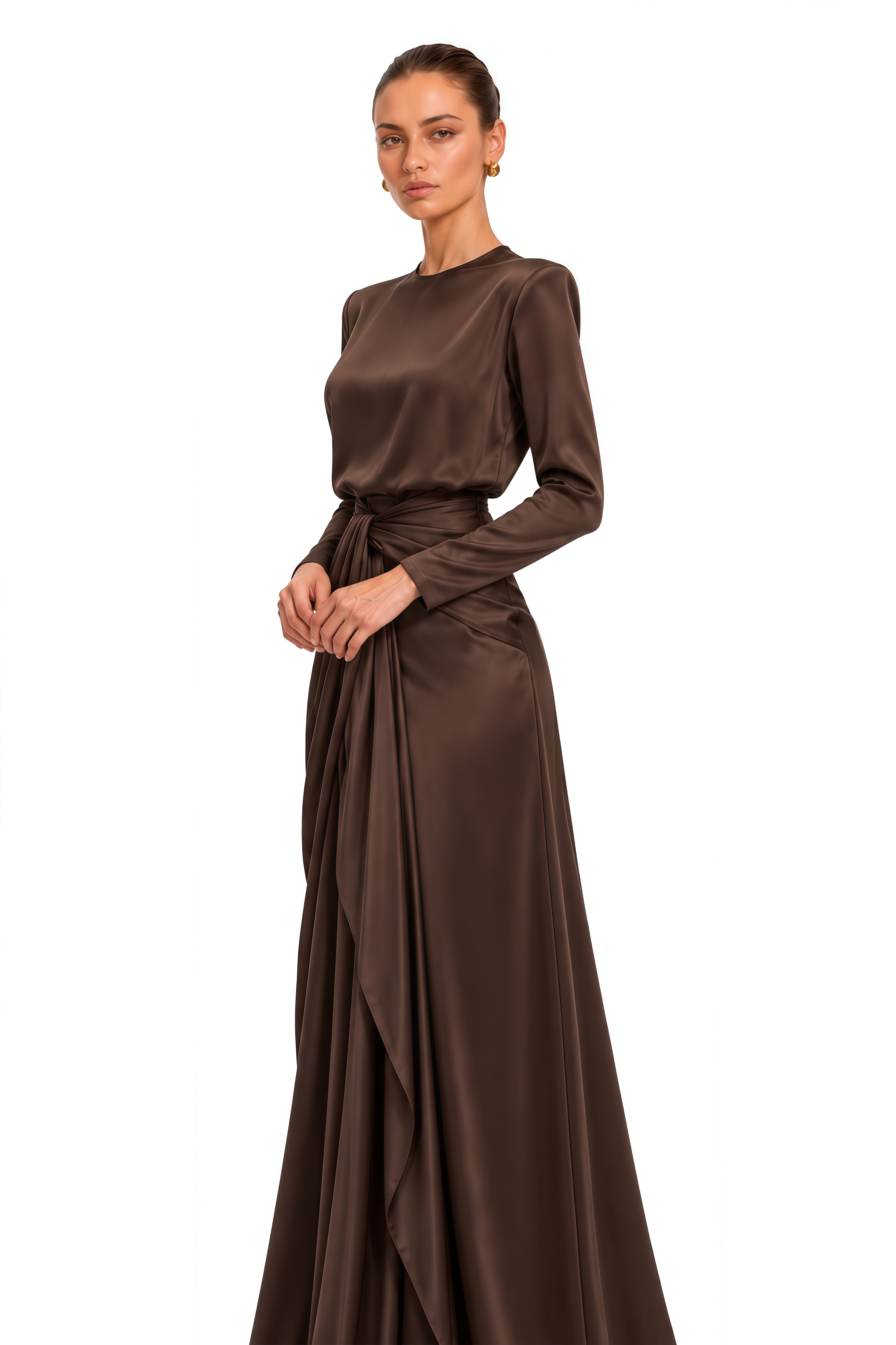 Amandine Chocolate Brown Satin Shirt & Draped Maxi Skirt Set