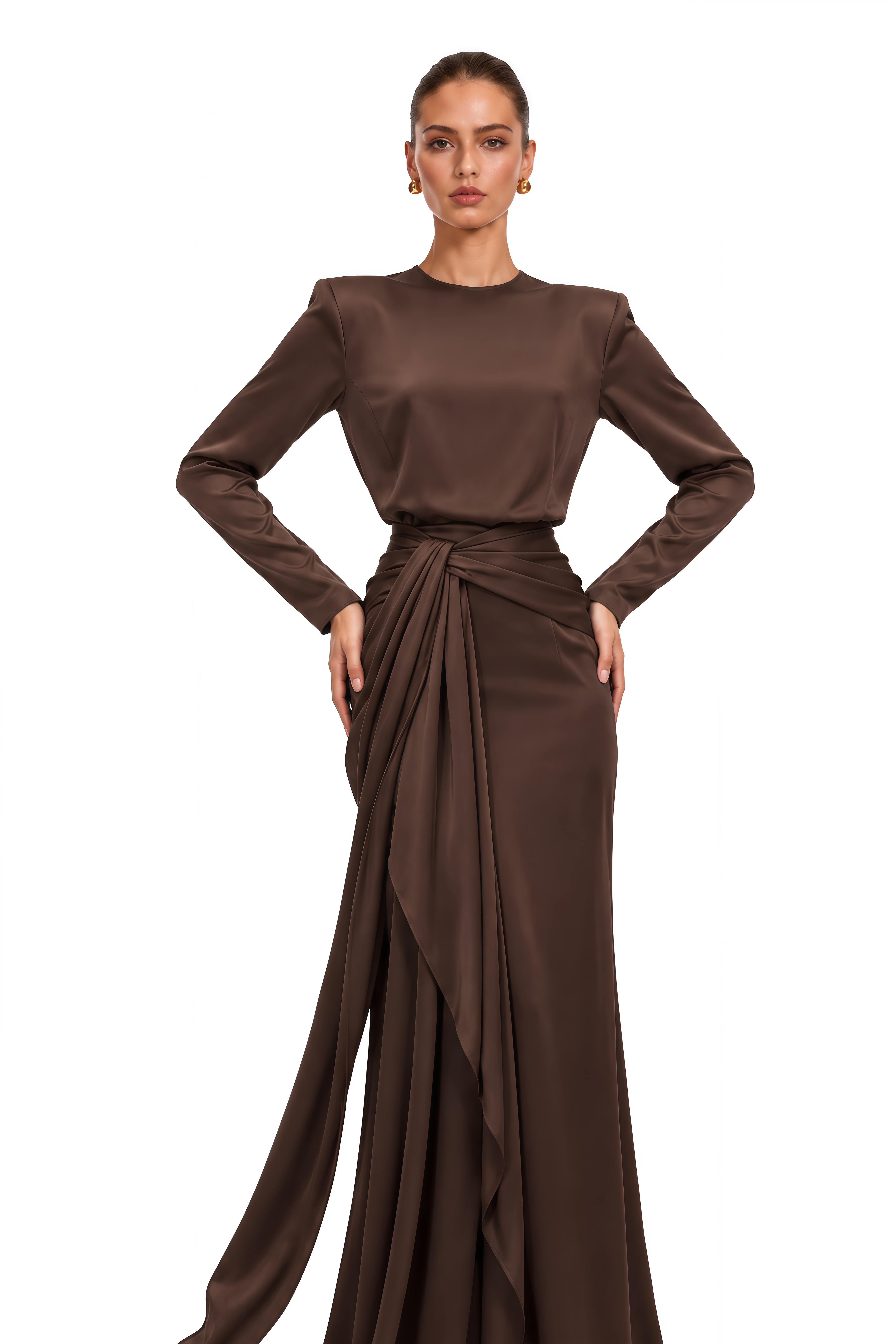 Amandine Chocolate Brown Satin Shirt & Draped Maxi Skirt Set