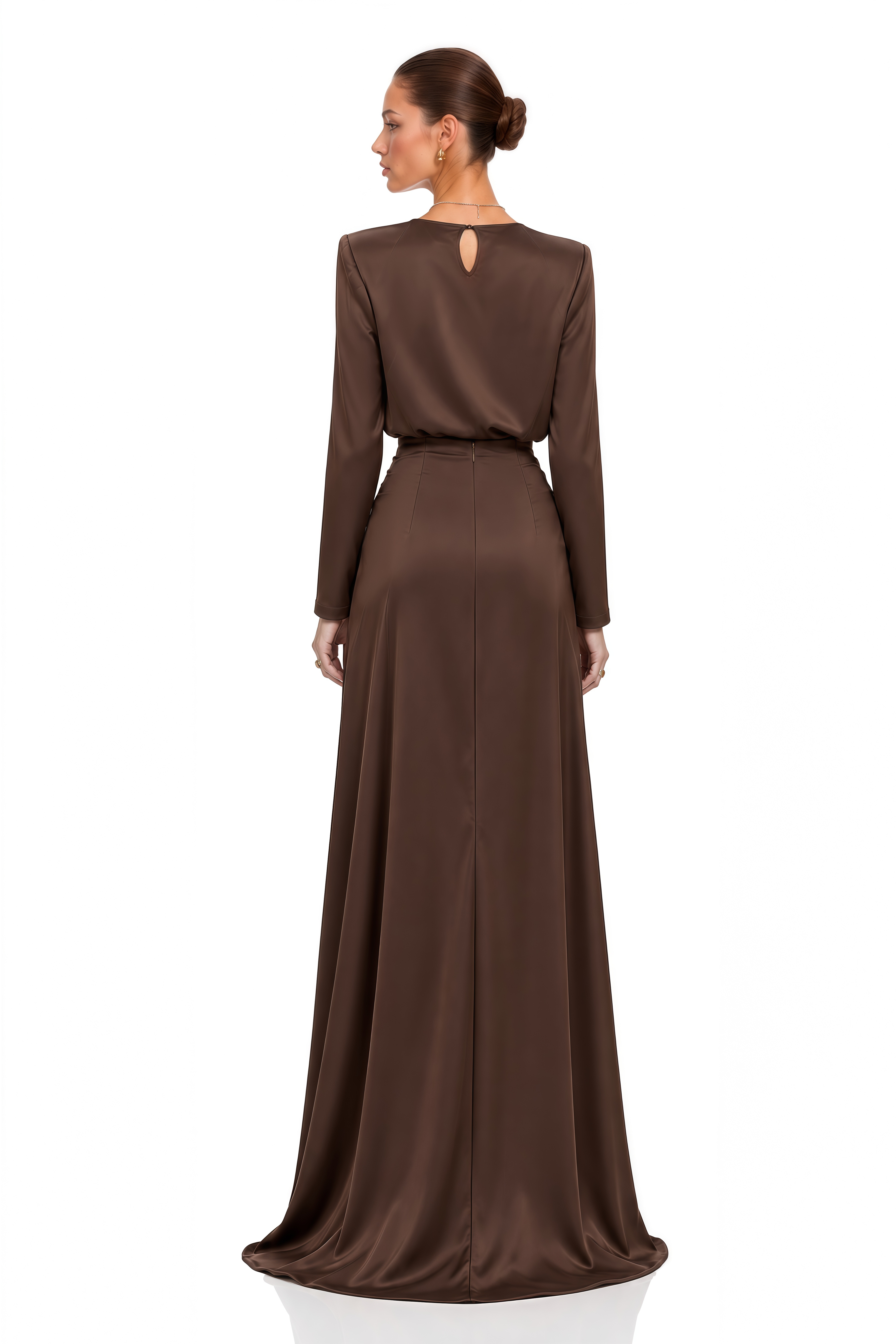 Amandine Chocolate Brown Satin Shirt & Draped Maxi Skirt Set