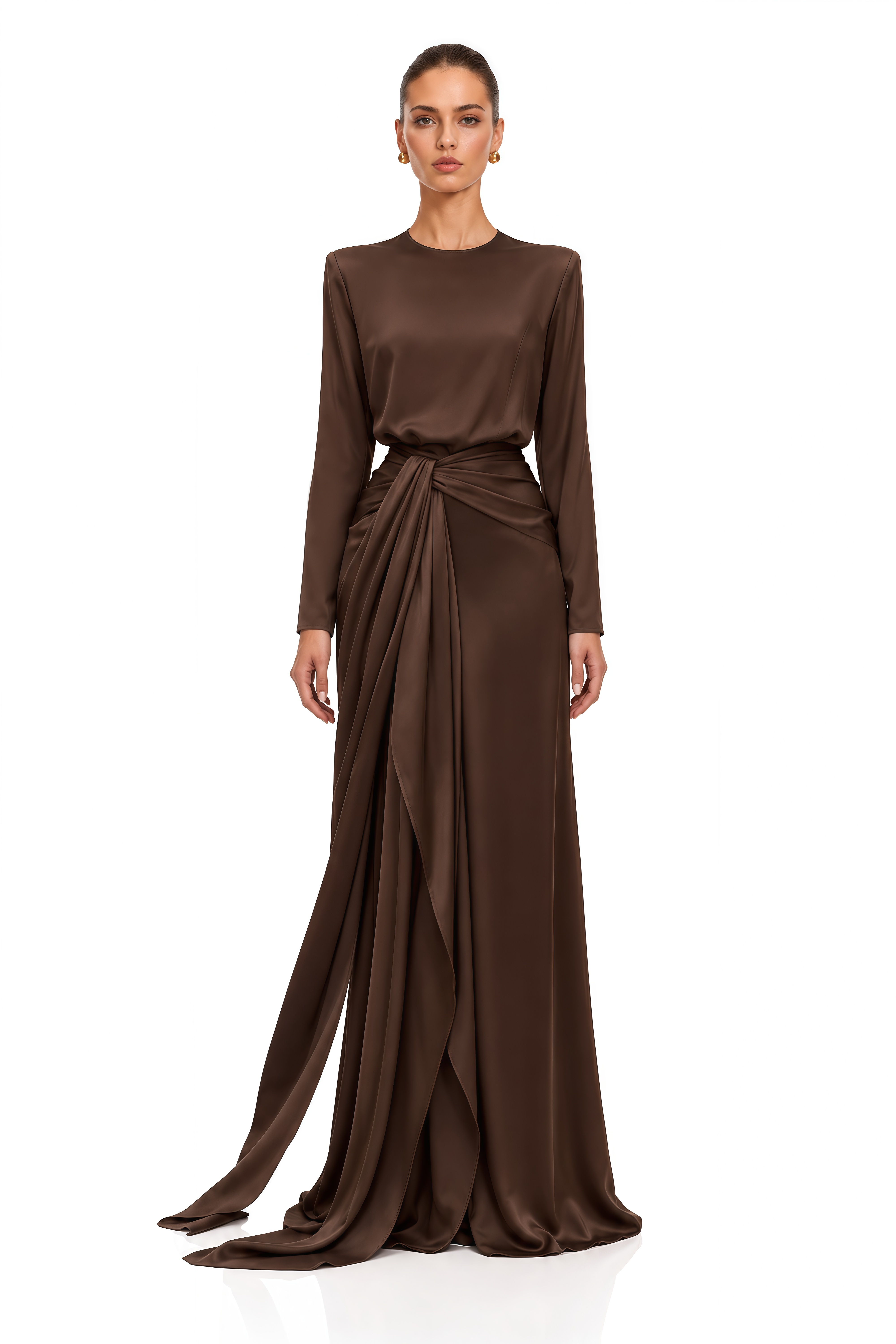 Amandine Chocolate Brown Satin Shirt & Draped Maxi Skirt Set