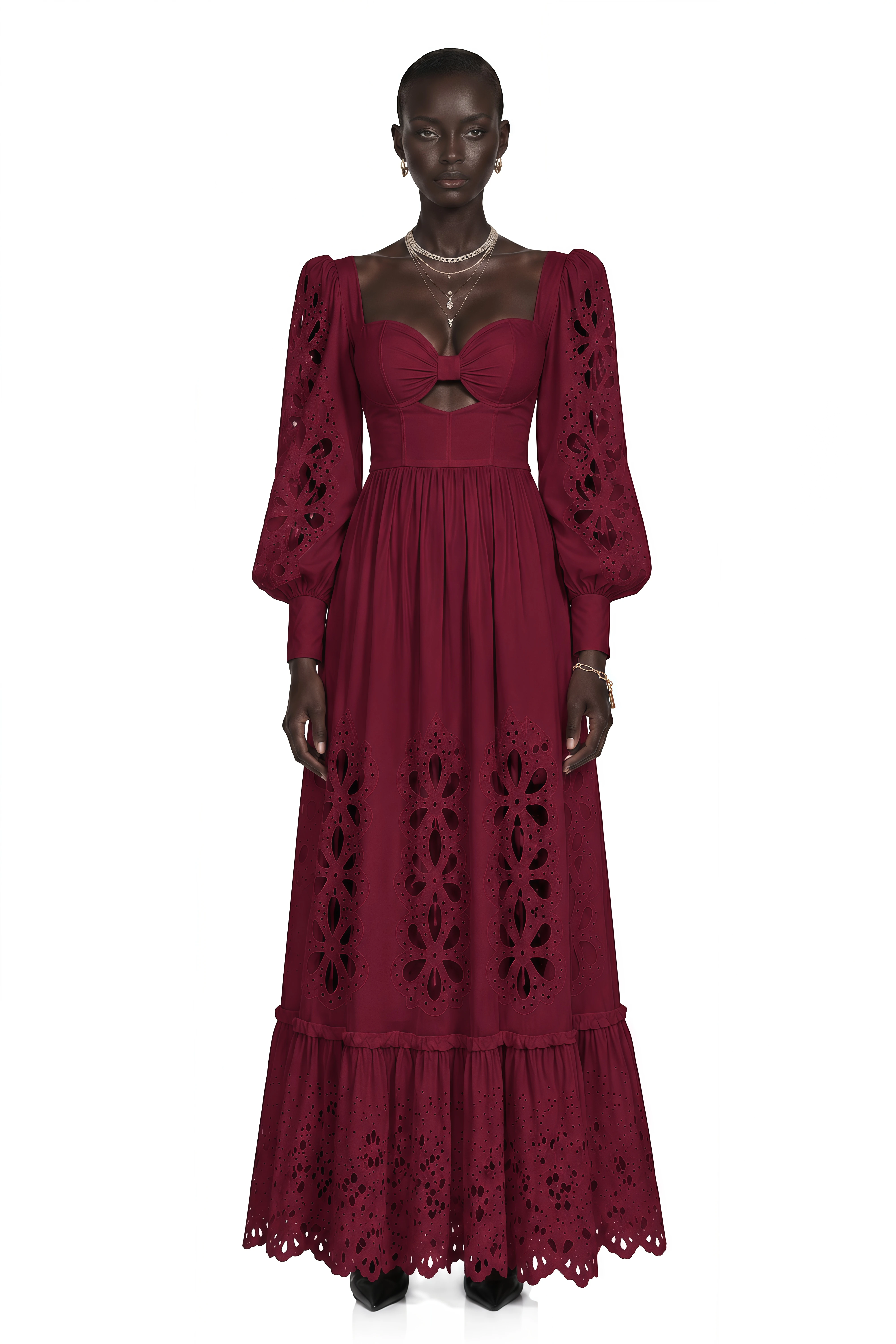 Amandine Red Cut-Out Puff Sleeve Maxi Dress