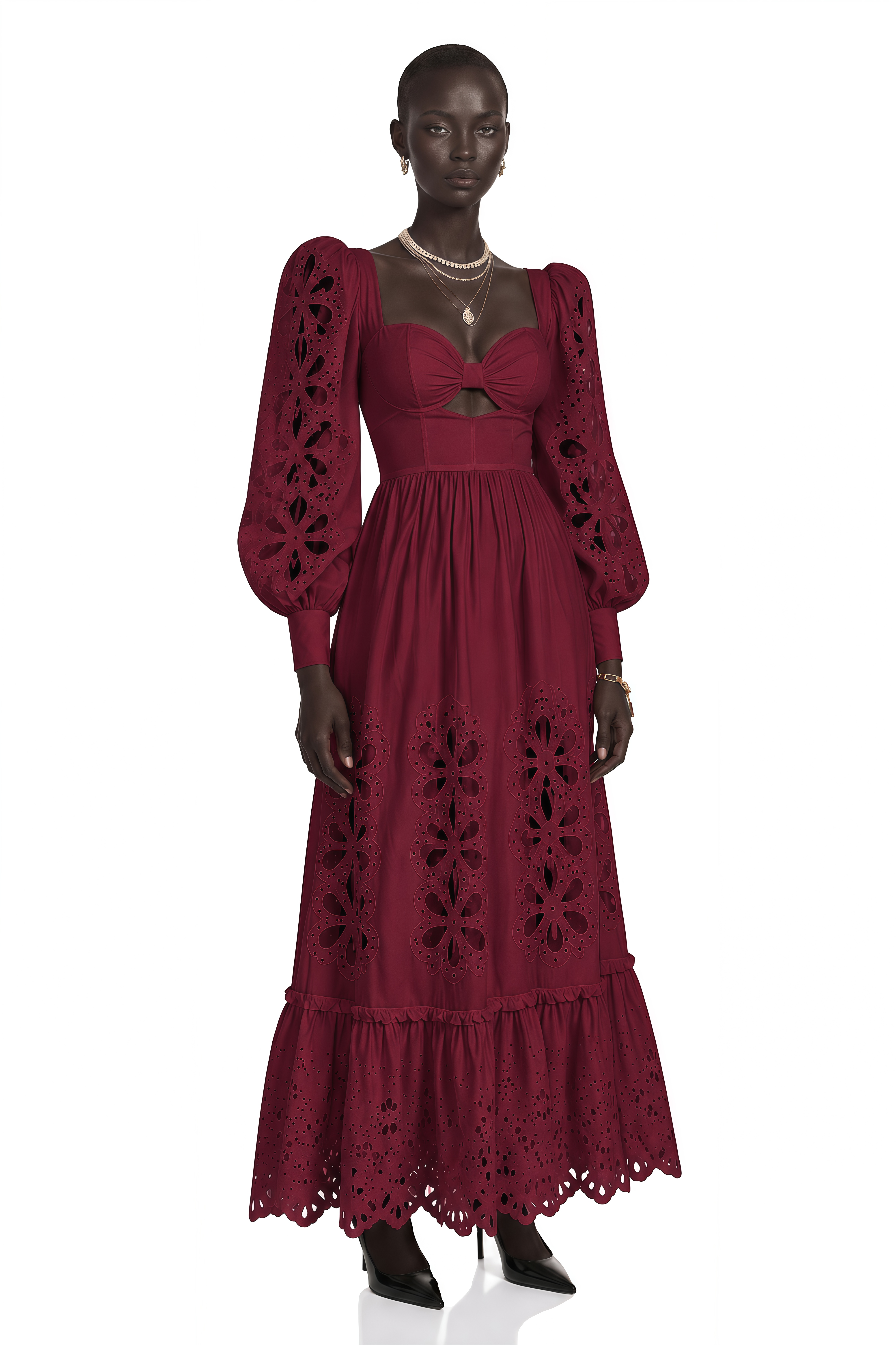 Amandine Red Cut-Out Puff Sleeve Maxi Dress
