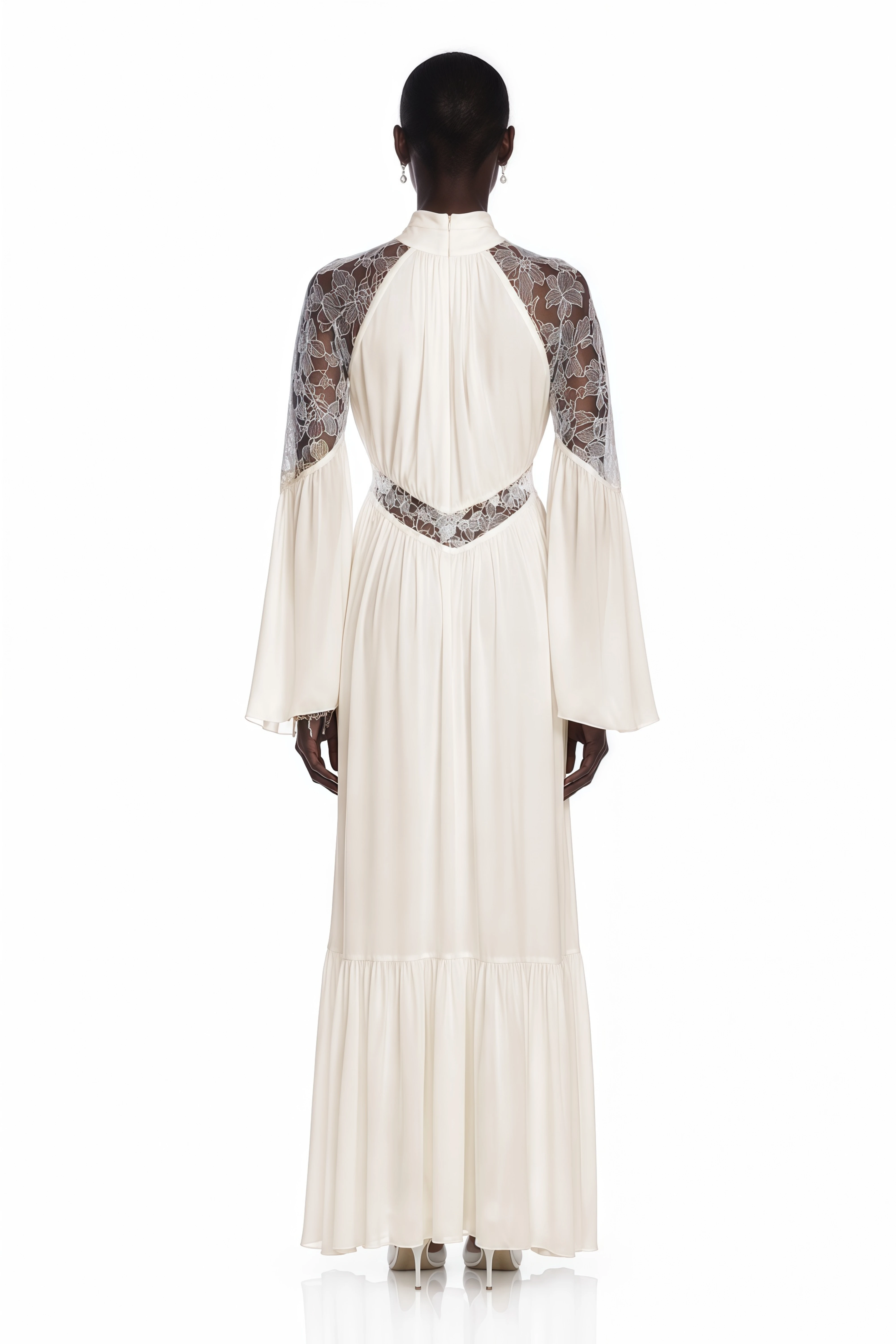 Amara White Pleated Maxi Dress with Flared Sleeves