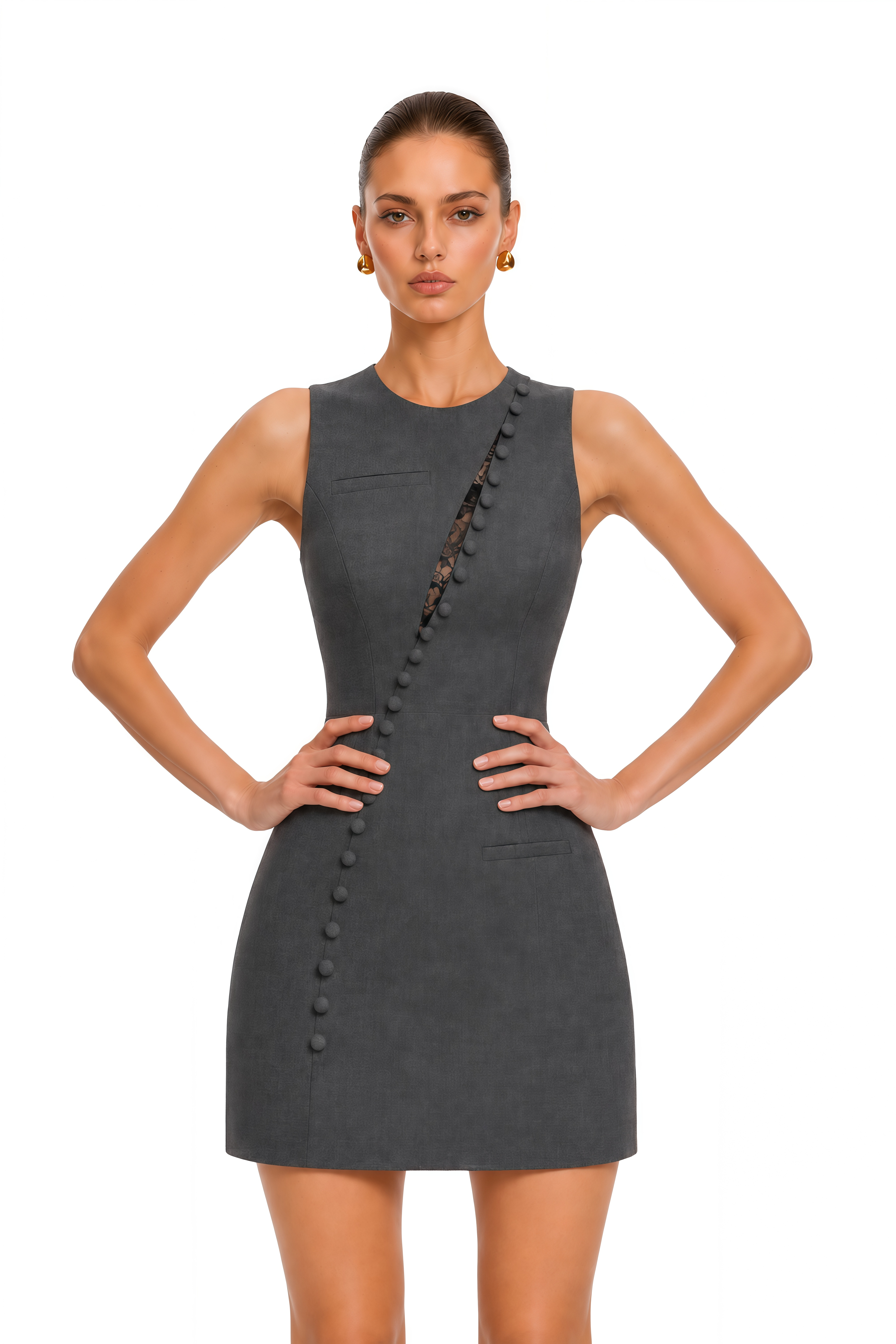 Amaris Grey Asymmetric Button Lace Mini Dress