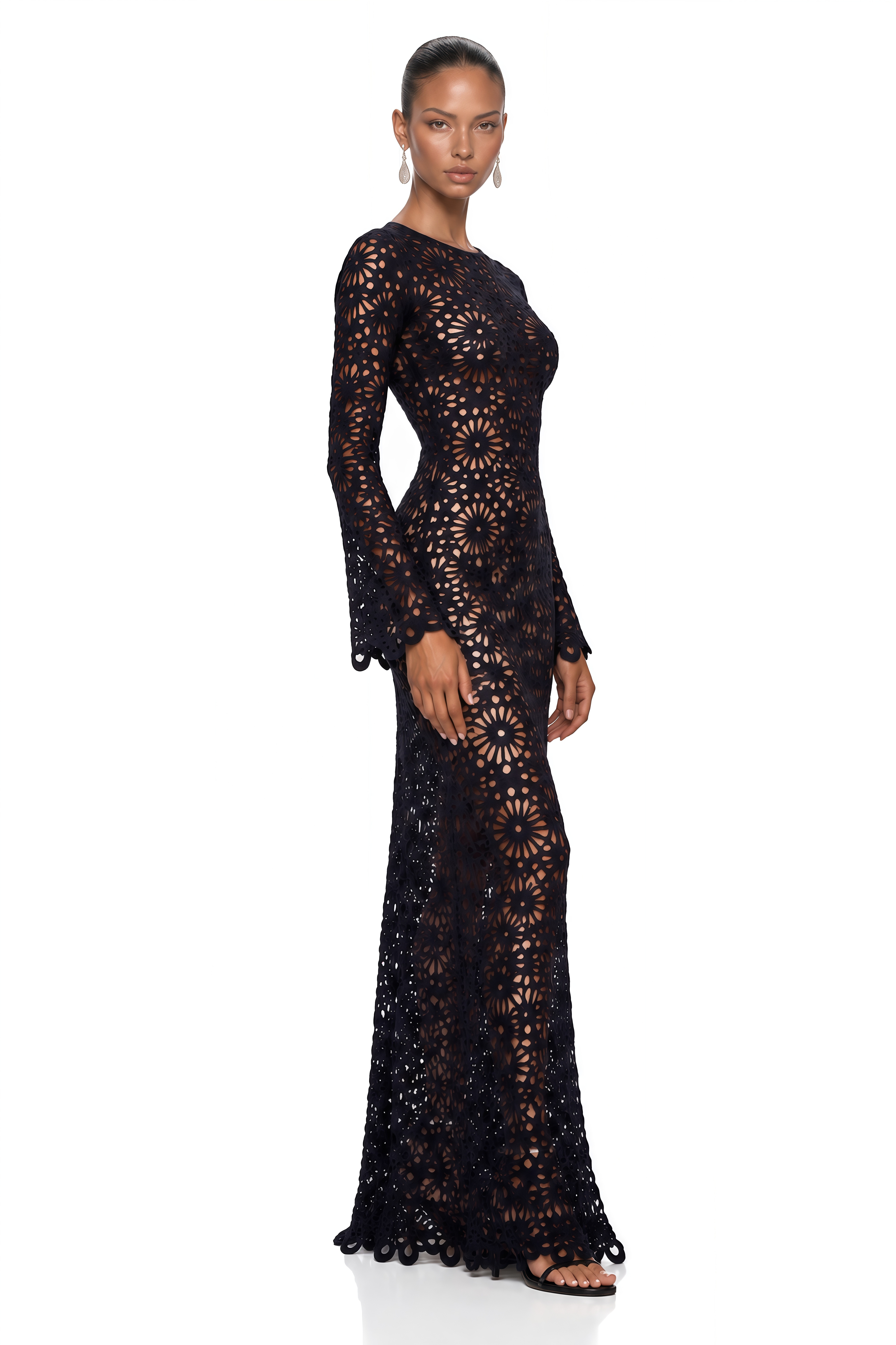 Amaya Black Floral Cut-Out Long Sleeve Maxi Dress